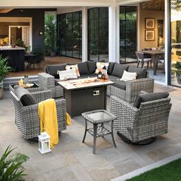 Ovios - 10 PCS Patio Furniture Set Rattan Sectional Sofa with Swivel Chairs, Coffee Table and 42" Fire Pit Table - Black
