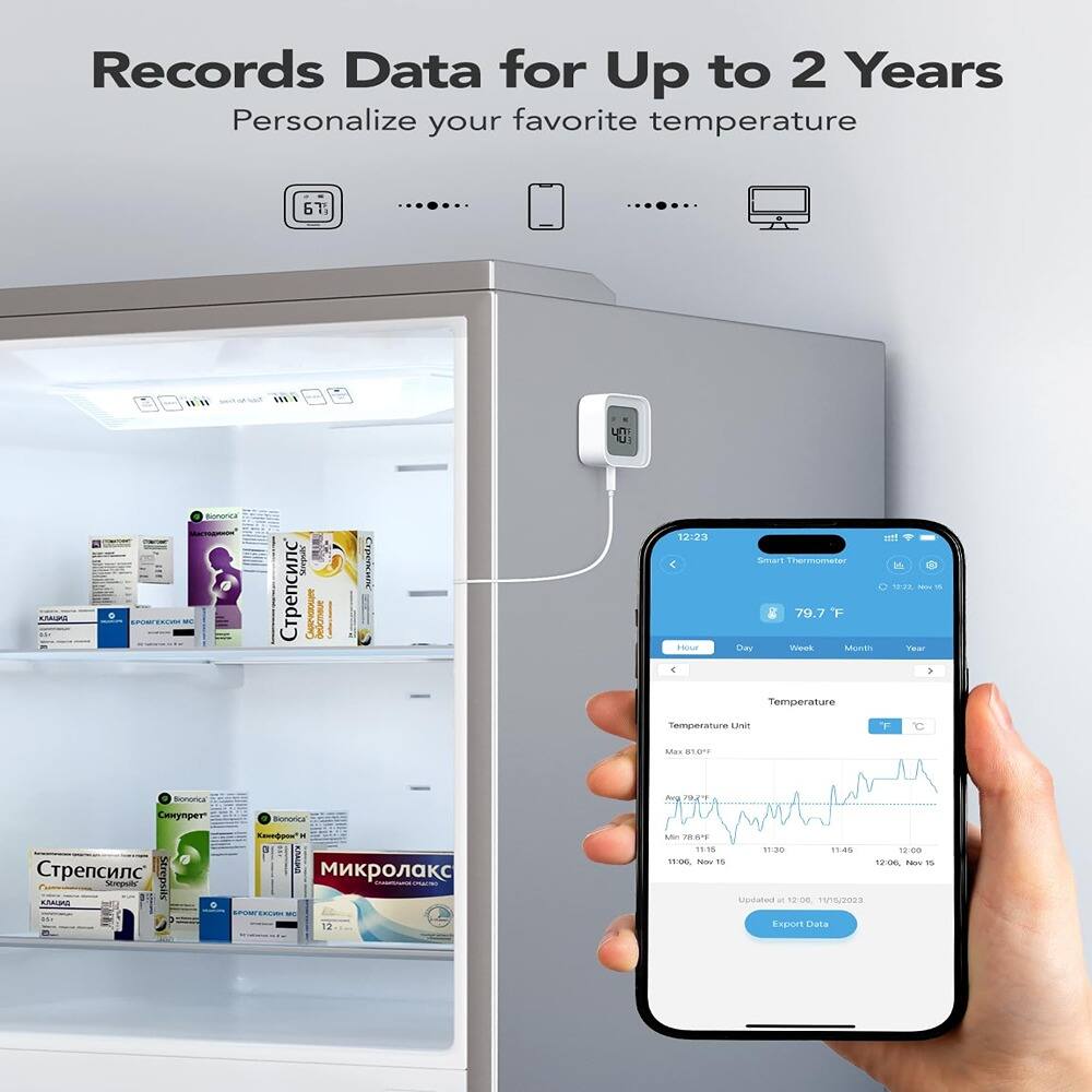 Records Data for Up to 2 Years
Personalize your favorite temperature
Smart Thermometer
79.7°F
Temperature Unit
°F
Max 81°F
Avg 79.7°F
Min 78.1°F
11:00, Nov 15
11:30
11:45
12:00, Nov 15
Updated at 12:06, 11/15/2023
Export Data
