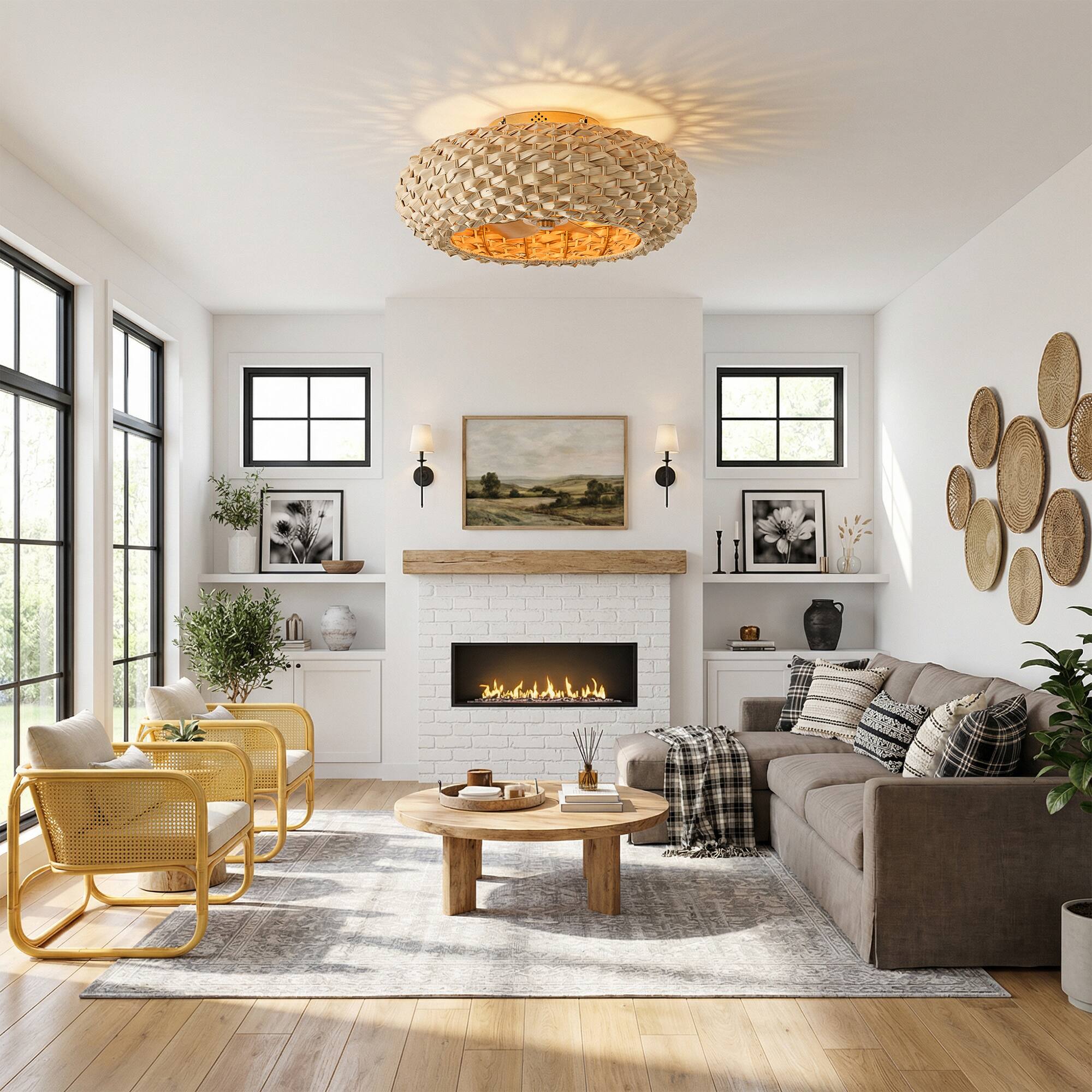 Angle. Vaczon - 20" Ceiling Fan with Light and Remote, Flush Mount Low Profile Rattan Ceiling Fan, 6-Speed, Woven Bamboo Shade - Natural Bamboo / Gold.