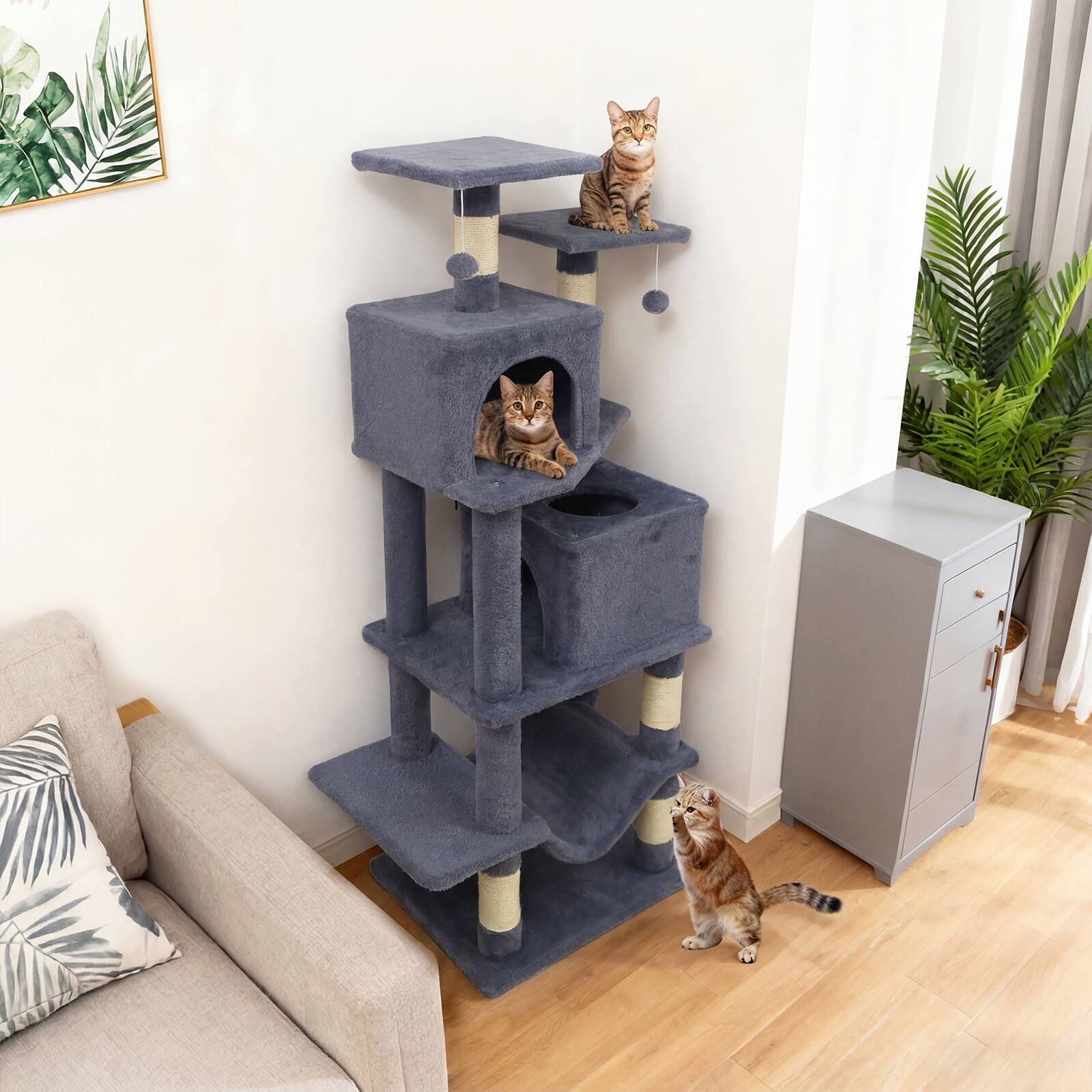 Alt View 1. Gymax - Gymax 57'' Cat Tree for Indoor Cats w/Dual Condos Hammock Sisal Scratching Posts Grey - Gray.