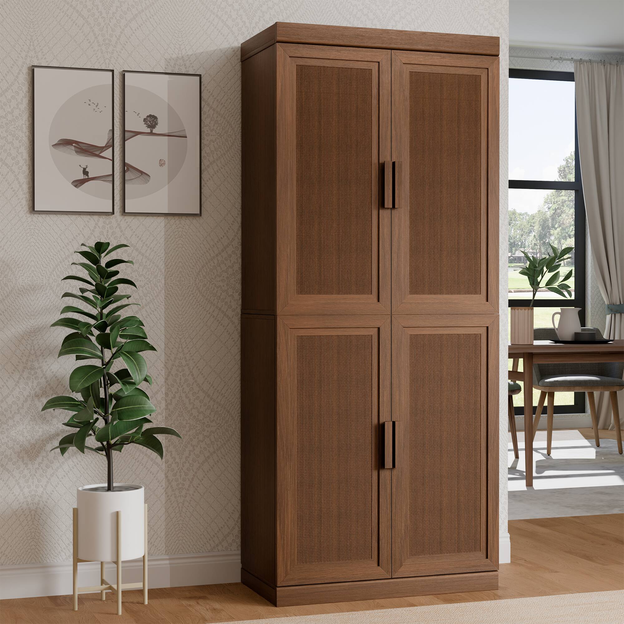 Alt View 1. PexFix - 72" Kitchen Pantry Cabinet, Oak Freestanding Storage Cabinet with Woven Doors and Adjustable Shelves for Dining Room - Walnut.