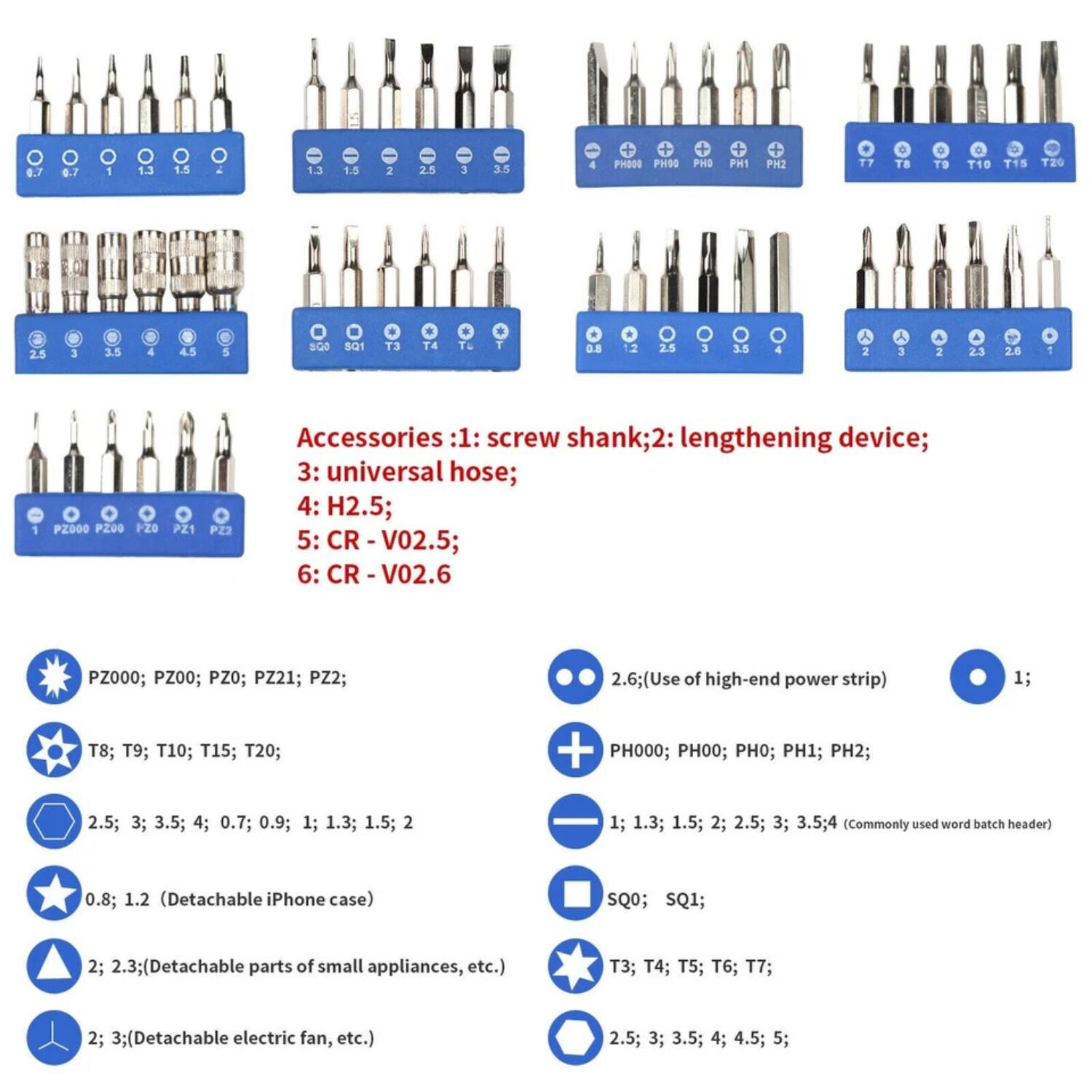 Sure, here is the corrected and grouped text:

---

**Accessories:**
1: screw shank;
2: lengthening device;
3: universal hose;
4: H2.5;
5: CR - V02.5;
6: CR - V02.6

**PZ000; PZ00; PZ0; PZ21; PZ2;**

**2.6; (Use of high-end power strip)**

**1;**

**PH000; PH00; PH0; PH1; PH2;**

**1; 1.3; 1.5; 2; 2.5; 3; 3.5; 4 (Commonly used word batch header)**

**SQ0; SQ1;**

**T3; T4; T5; T6; T7;**

**2.5; 3; 3.5; 4; 4.5; 5;**

**0.8; 1.2 (Detachable iPhone case)**

**2; 2.3; (Detachable parts of small appliances, etc.)**

**2; 3; (