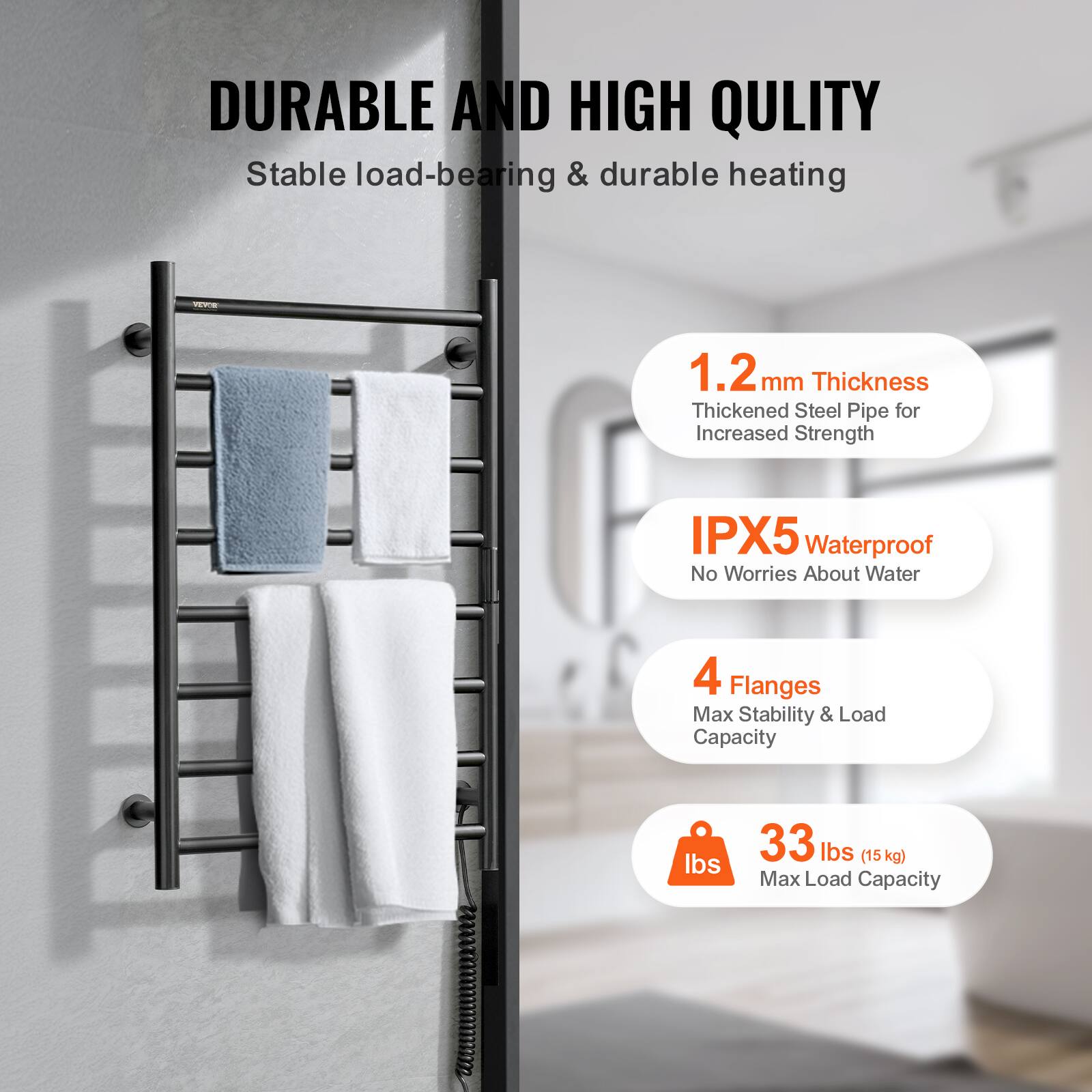 DURABLE AND HIGH QUALITY  
Stable load-bearing & durable heating  

1.2 mm Thickness  
Thickened Steel Pipe for Increased Strength  

IPX5 Waterproof  
No Worries About Water  

4 Flanges  
Max Stability & Load Capacity  

33 lbs (15 kg)  
Max Load Capacity