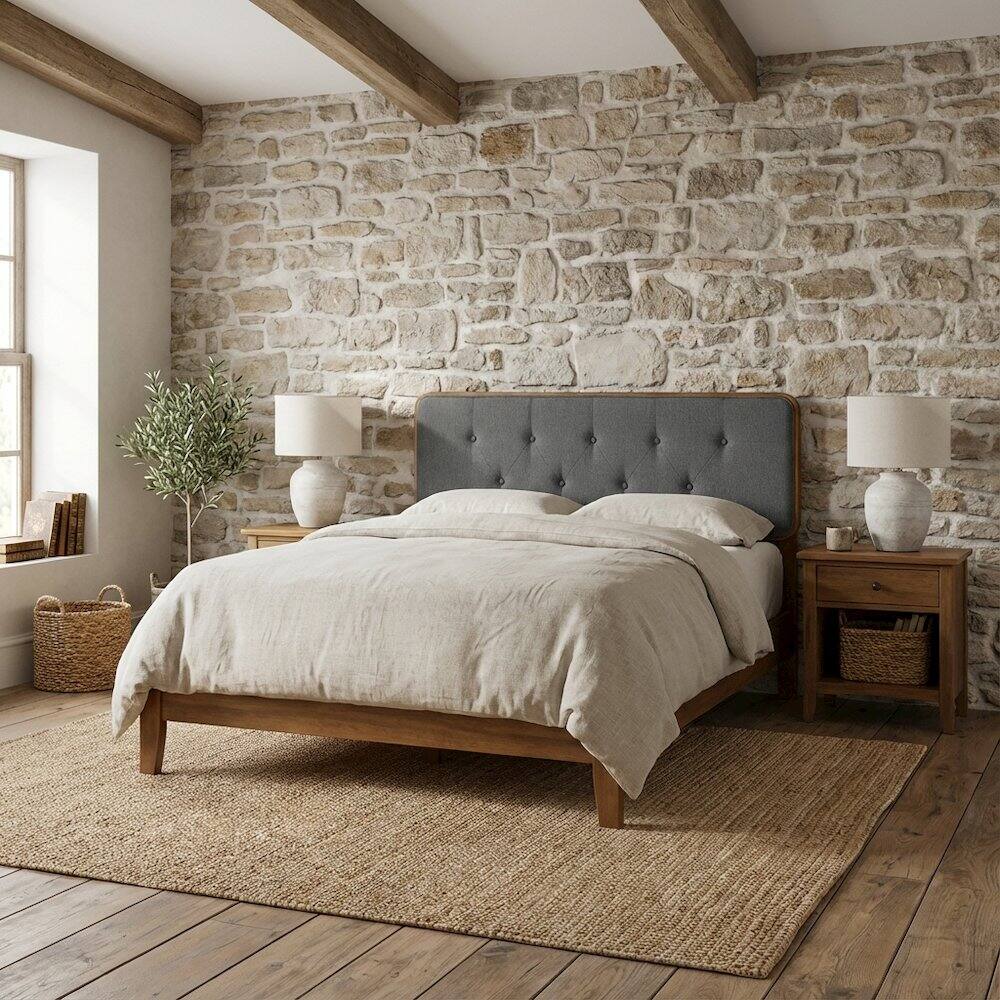 Angle. FurniFact - Tufted Fabric Full Headboard with Wood Frame in Neutral Finish - Brown.