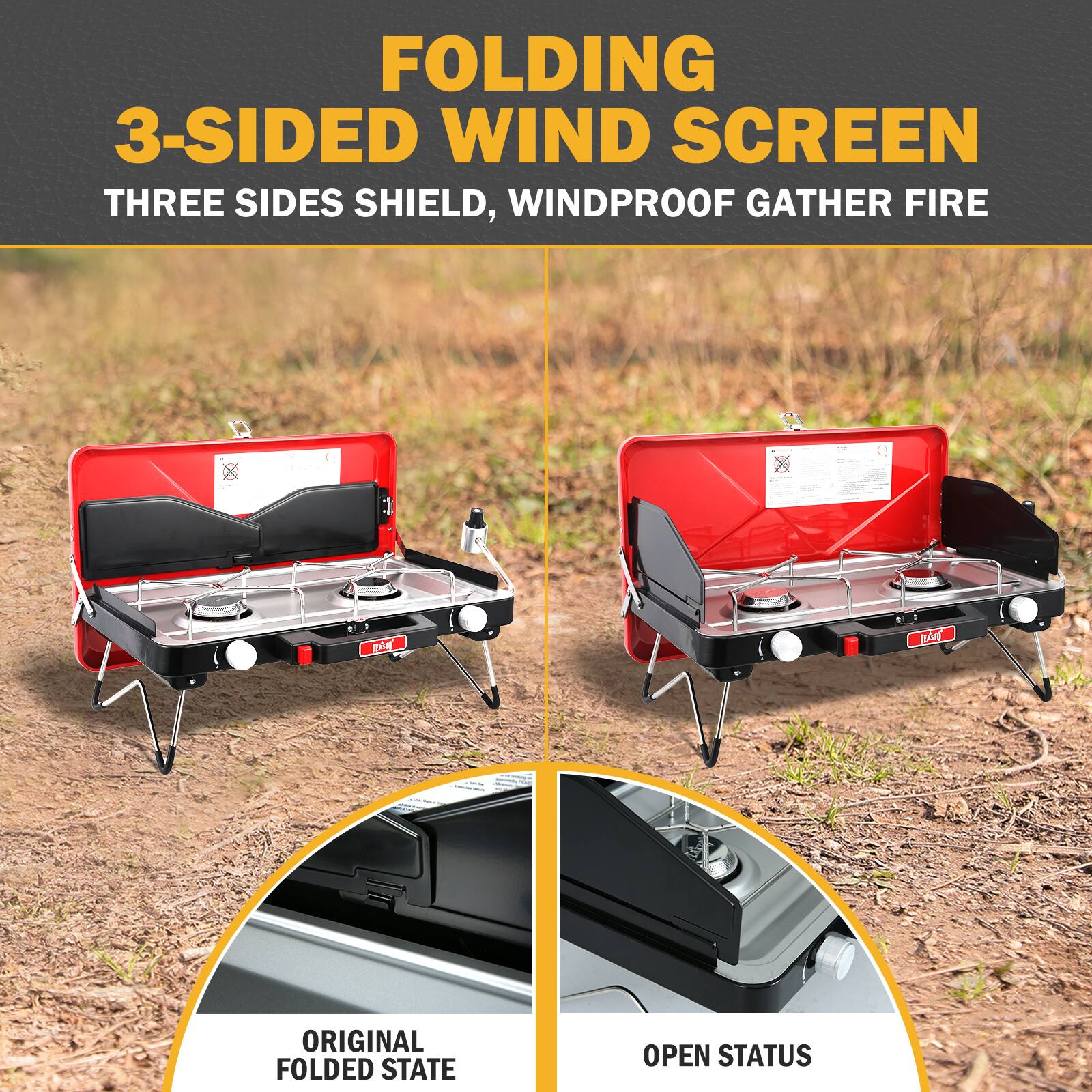 FOLDING 3-SIDED WIND SCREEN  
THREE SIDES SHIELD, WINDPROOF GATHER FIRE  

ORIGINAL FOLDED STATE  
OPEN STATUS