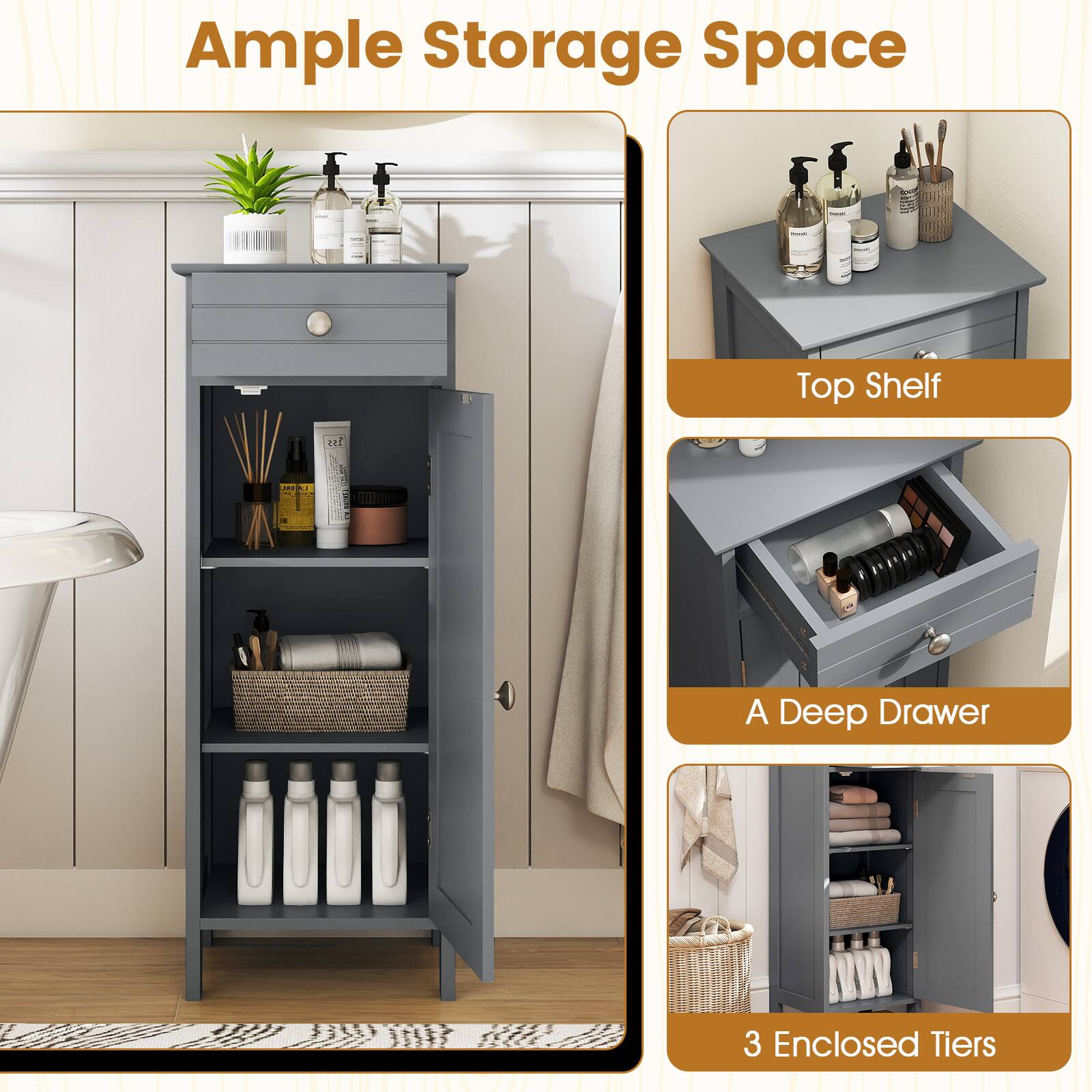 Ample Storage Space

- Top Shelf
- A Deep Drawer
- 3 Enclosed Tiers