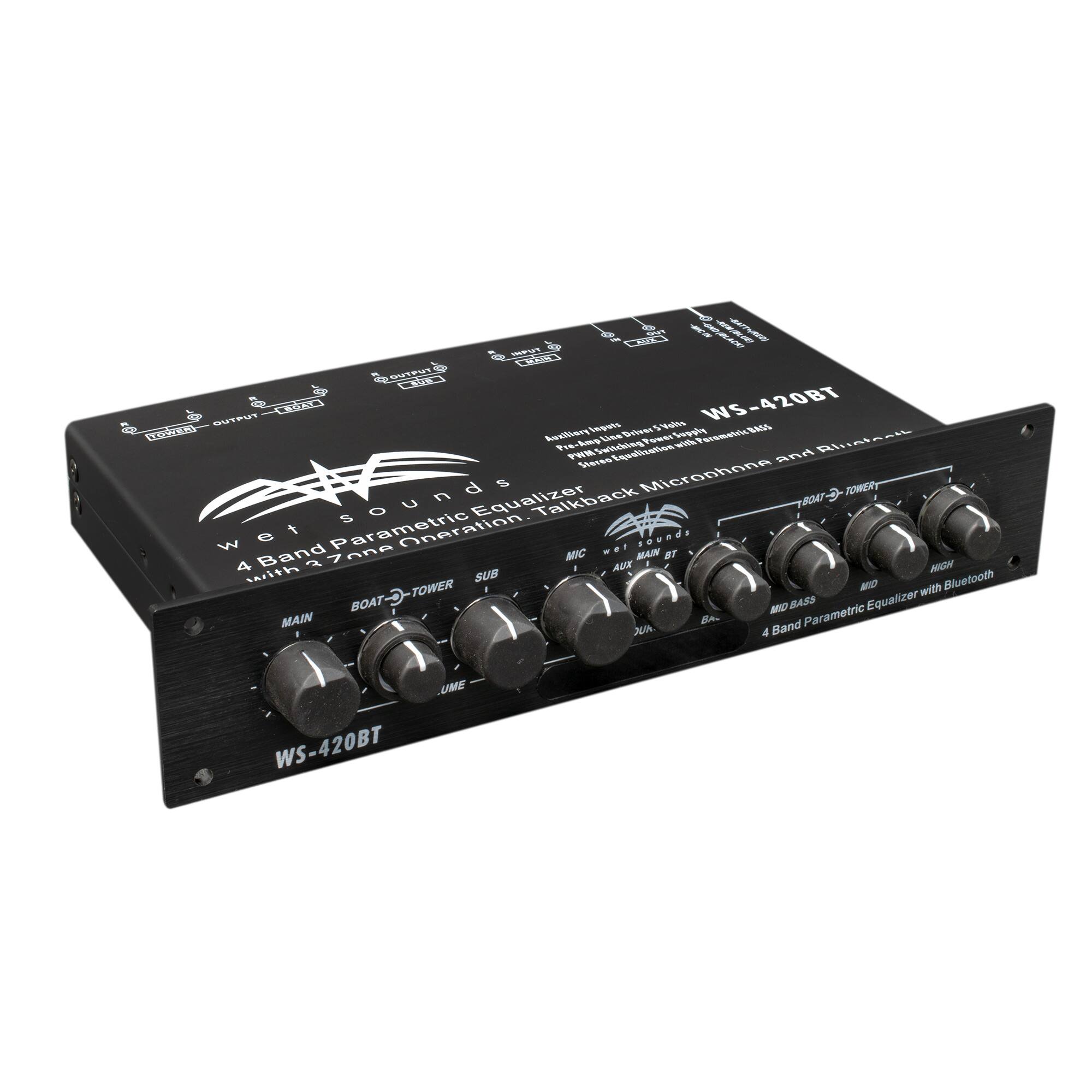 The text on the image reads:

"4 Band Parametric Equalizer with Bluetooth

BOAT-TOWER SUB

MAIN

BOAT-TOWER

SUB

4 Band Parametric Equalizer with Bluetooth

WS-420BT"