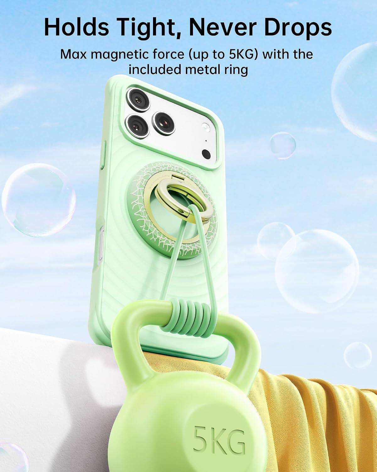 Holds Tight, Never Drops  
Max magnetic force (up to 5KG) with the included metal ring