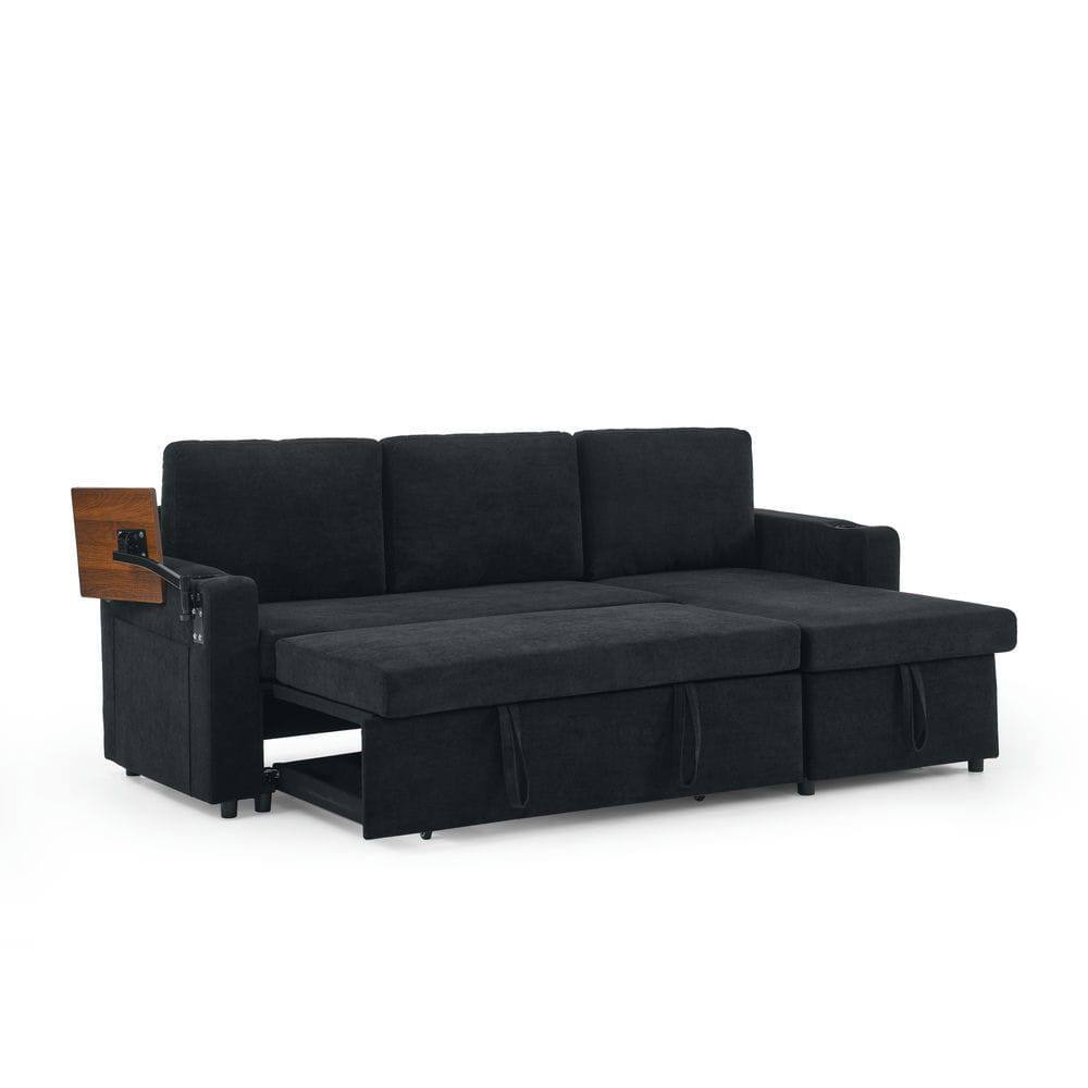 Alt View 8. Kadyn - Pull-Out Sleeper Sofa with Retractable Table, Features LED Lights, USB Ports, and Cup Holders, Black - Black.