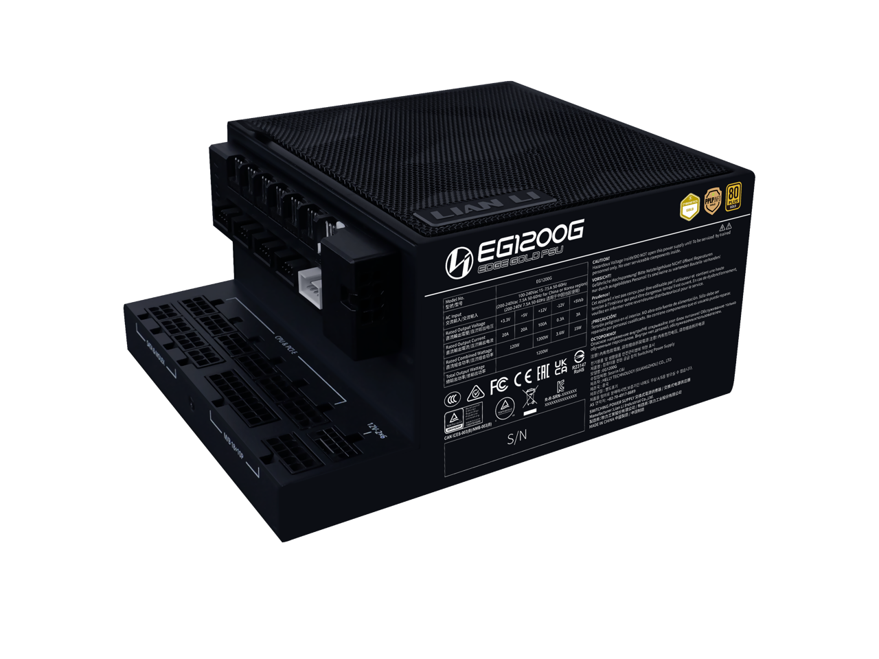 Sure, here is the corrected and grouped text from the image:

---

**Product Information:**
- LIAN LI
- EG1200G
- 80 PLUS GOLD PSU
- 600W
- 12V: 50A
- 5V: 20A
- 3.3V: 20A
- 5VSB: 3A
- -12V: 3A
- 240W
- 100W
- 120W
- 12V: 240W
- 5V: 20W
- 3.3V: 20W
- 5VSB: 12W
- -12V: 3W
- 12V: 240W
- 5V: 20W
- 3.3V: 20W
- 5VSB: 12W
- -12V: 3W
- 12V: 240W
- 5V: 20W
- 3