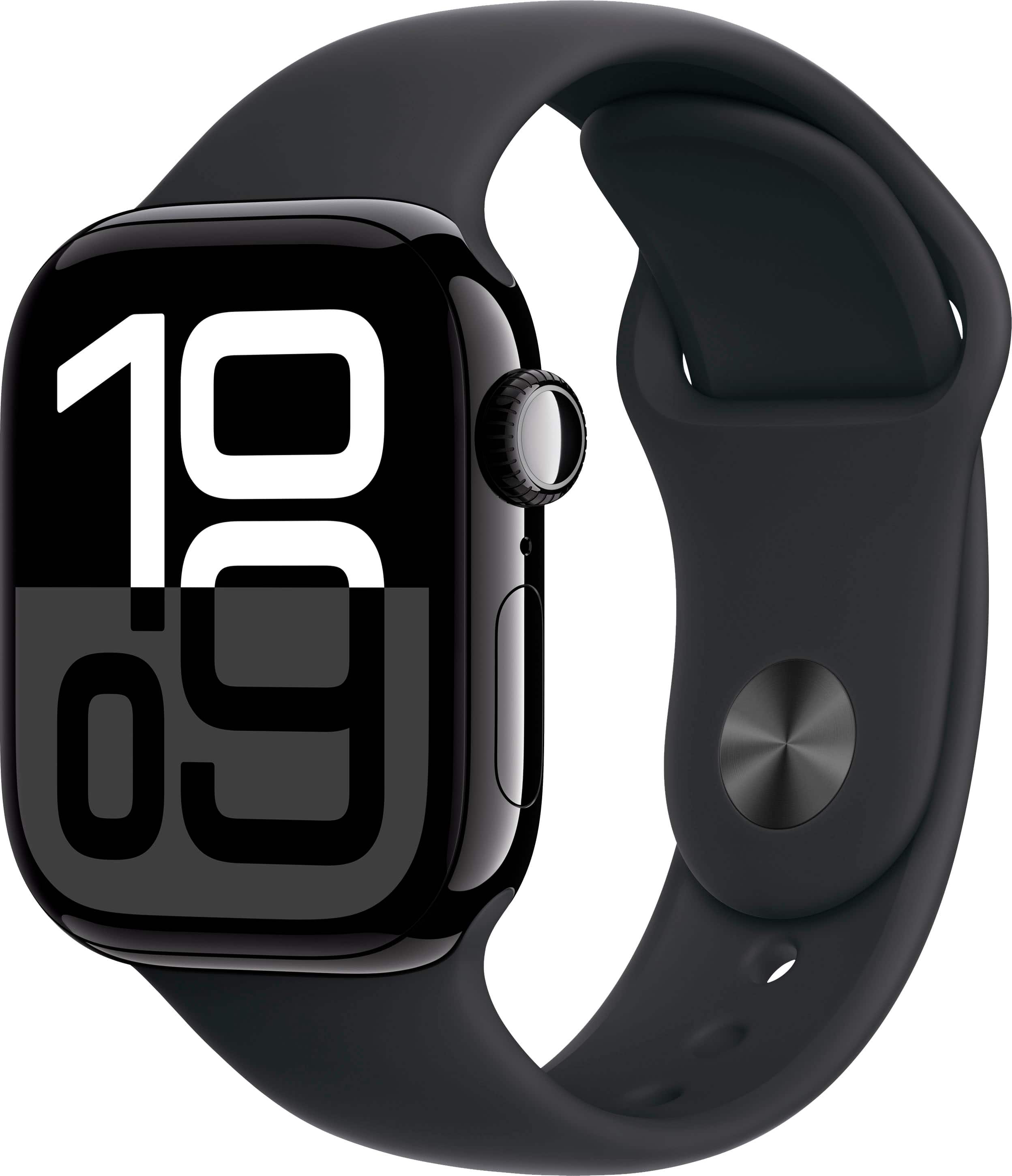 Apple Watch Series 10 (GPS+Cellular) 42mm Aluminum Case with Black Sport Band - S/M - Jet Black - (2024) - Angle_Zoom