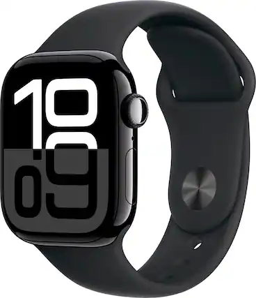 Angle. Apple - Geek Squad Certified Refurbished Apple Watch Series 10 (GPS+Cellular) 42mm Aluminum Case with Black Sport Band - S/M - Jet Black.