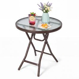 Gymax - Patio Side Table 18'' Round Bistro Table w/Tempered Glass Tabletop for Outdoor - Brown