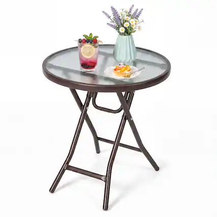 Front. Gymax - Gymax Patio Side Table 18'' Round Bistro Table w/Tempered Glass Tabletop for Outdoor Brown - Brown.