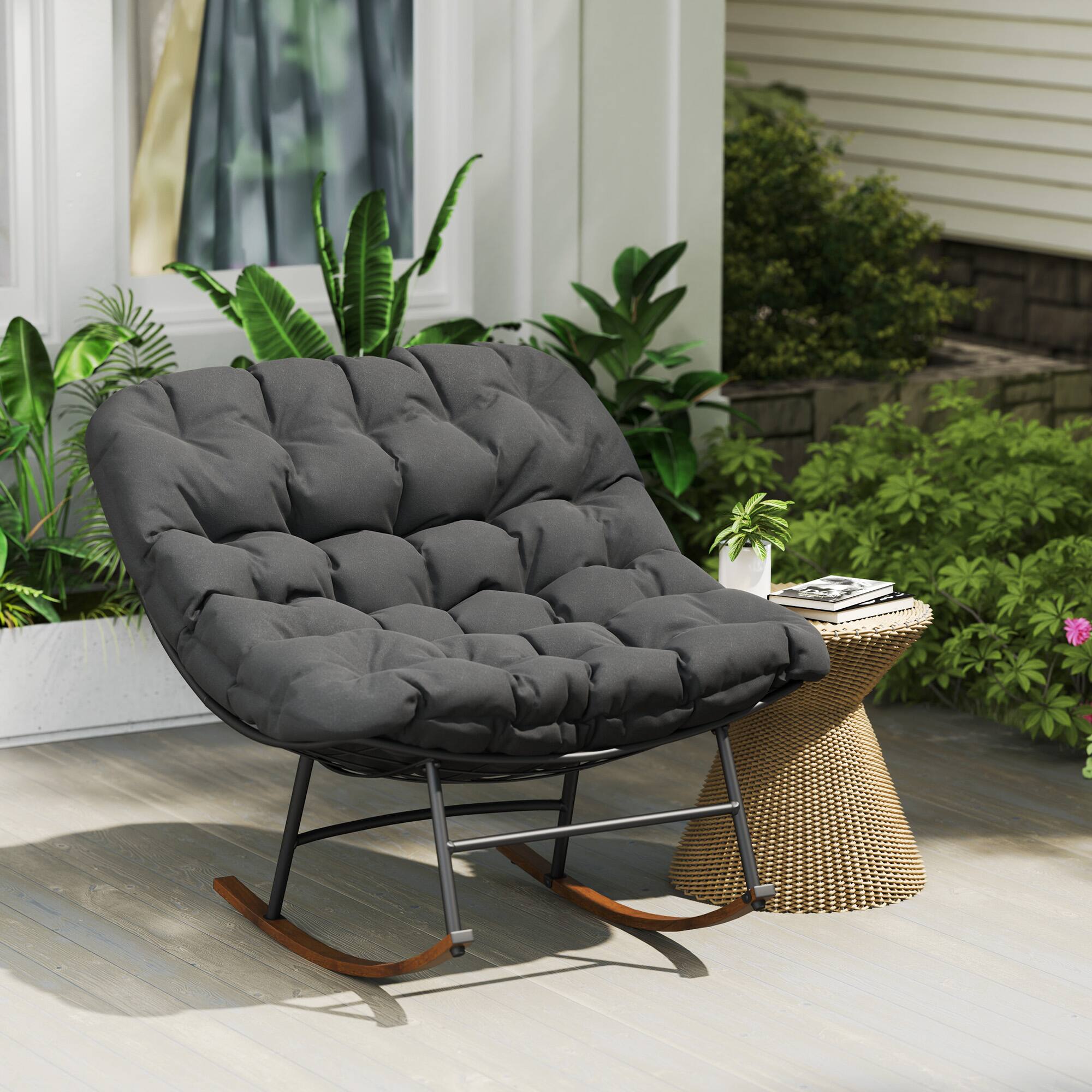 Alt View 7. Outsunny - Outdoor Rocking Chair Set of 2, Oversized Rocking Papasan Chairs with Cushions, Steel Frame, Comfy Rockers - Black.