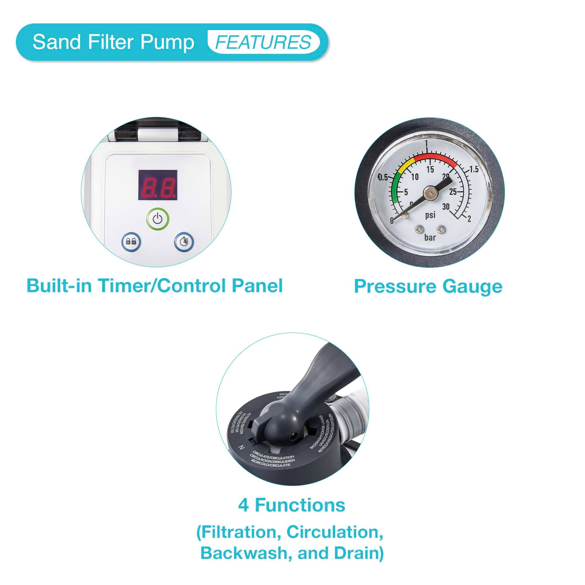 Sand Filter Pump  
FEATURES  

- Built-in Timer/Control Panel  
- Pressure Gauge  
- 4 Functions (Filtration, Circulation, Backwash, and Drain)