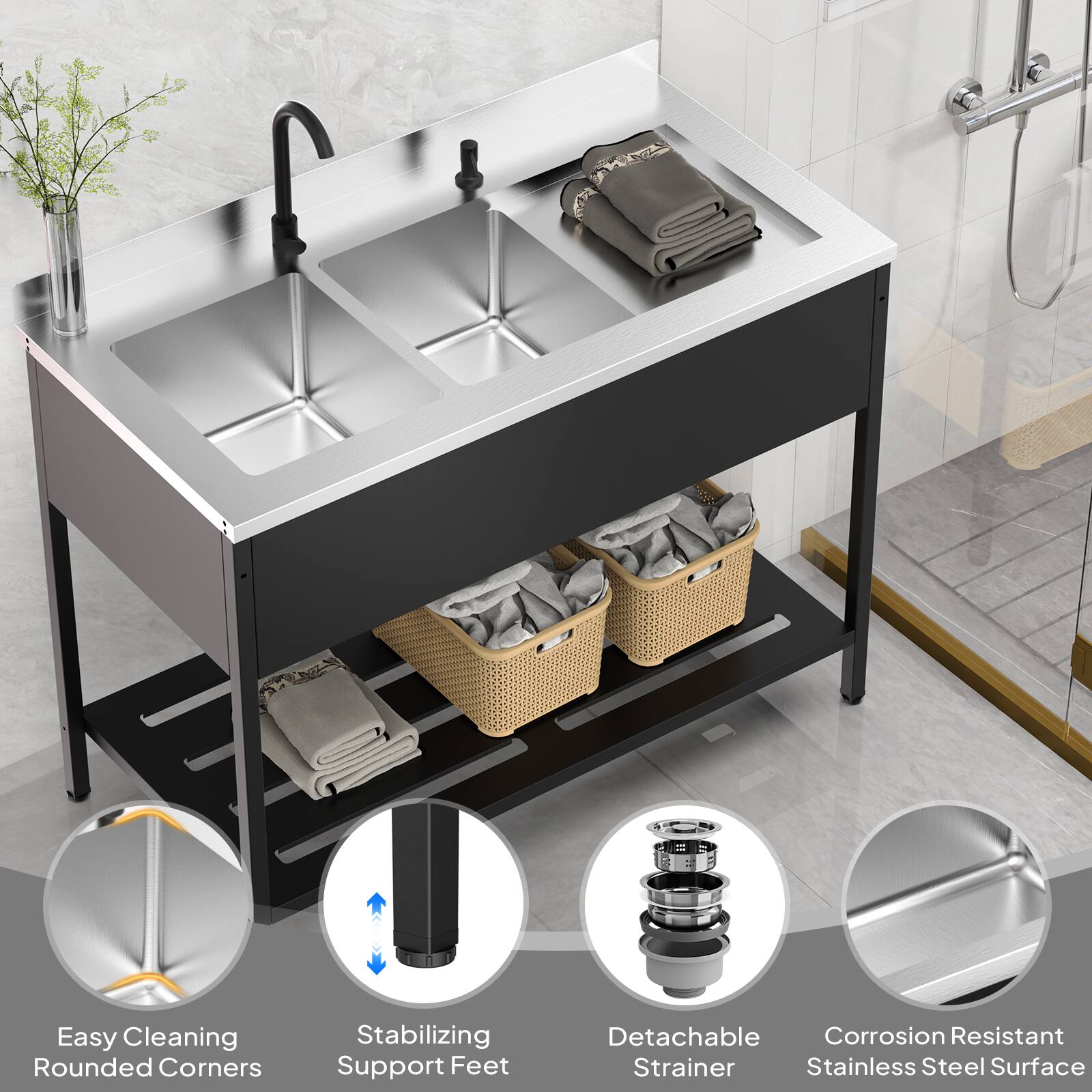 Easy Cleaning Rounded Corners  
Stabilizing Support Feet  
Detachable Strainer  
Corrosion Resistant Stainless Steel Surface