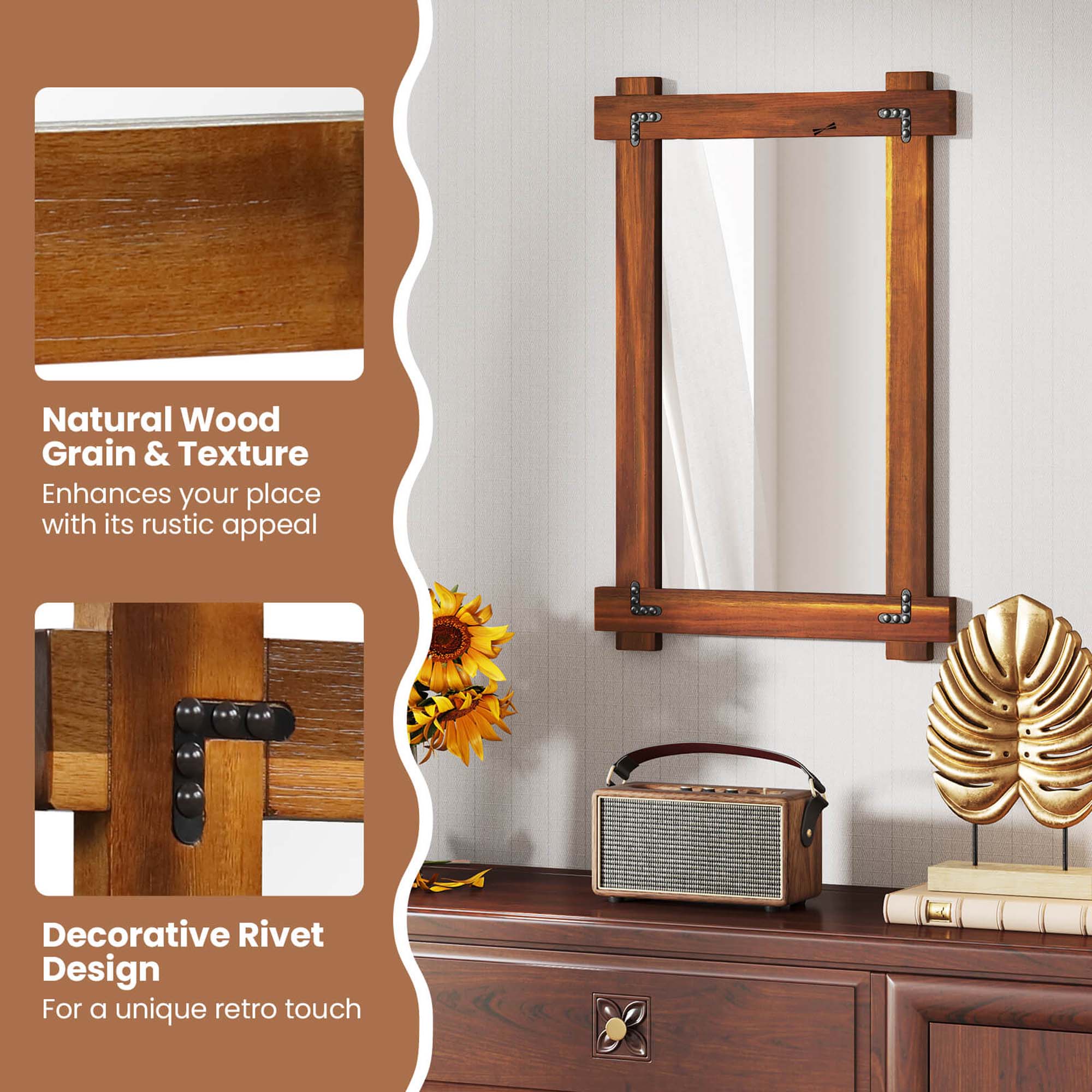 The text on the image can be grouped and corrected as follows:

"Natural Wood Grain & Texture: Enhances your place with its rustic appeal. Decorative Rivet Design: For a unique retro touch."