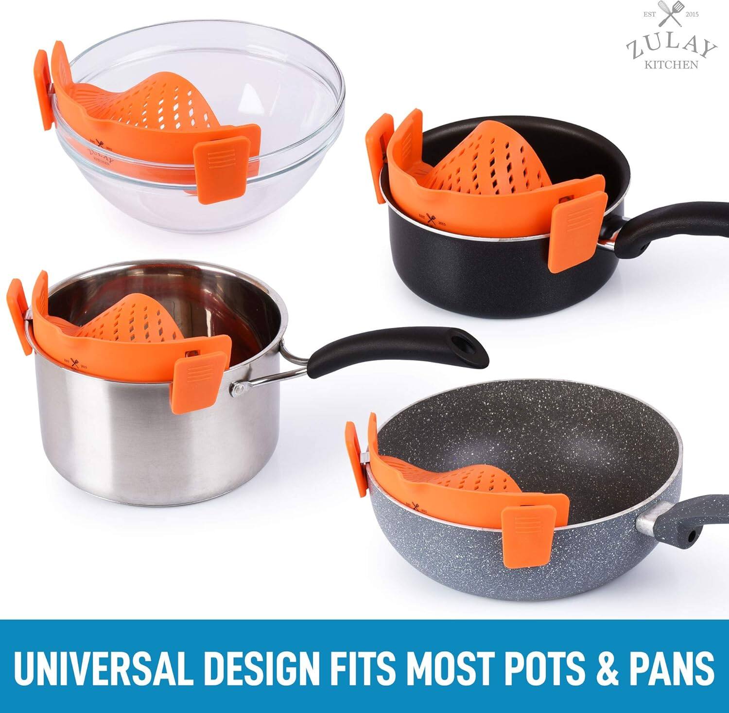Zulay Kitchen - Silicone Pot Strainer - Adjustable Snap On Strainer For Most Pans & Pots - Orange - Thumbnail 2