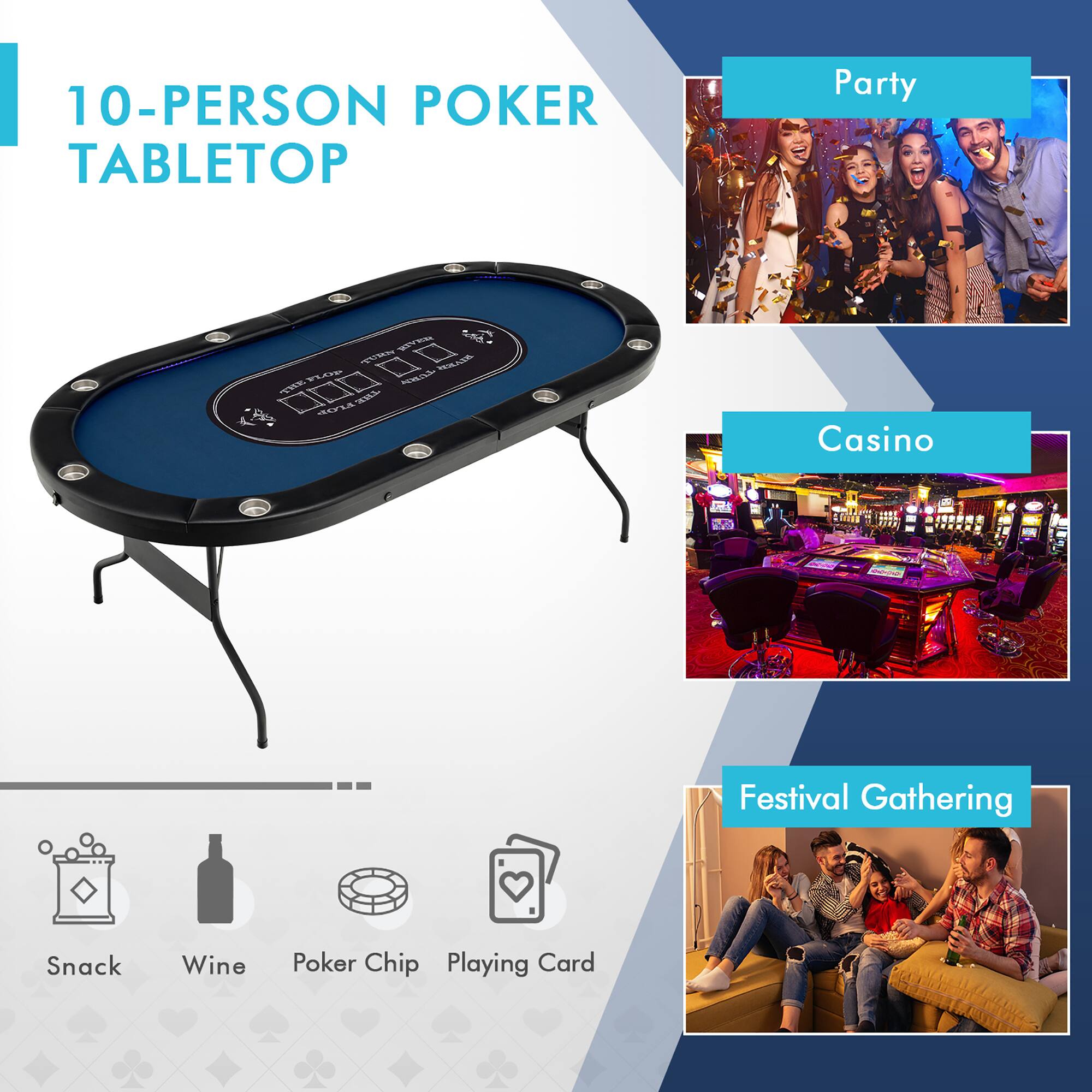 10-PERSON POKER TABLETOP Party Casino Festival Gathering Snack Wine Poker Chip Playing Card