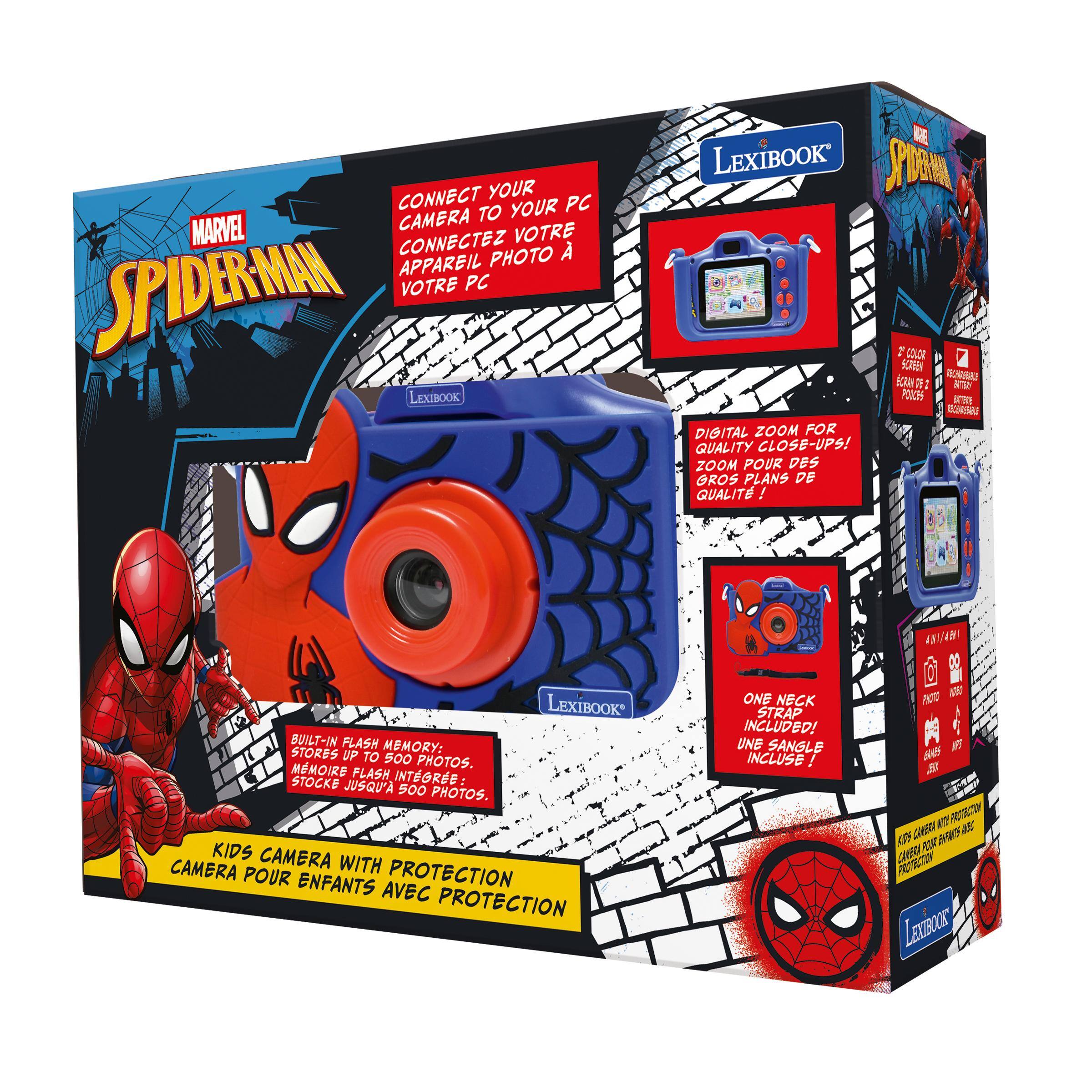 CONNECT YOUR CAMERA TO YOUR PC  
MARVEL SPIDERMAN  
LEXIBOOK  

LEXIBOOK SOHOM  
COLOR SCREEN  
DIGITAL ZOOM FOR QUALITY CLOSE-UPS!  
ZOOM POUR DES GROS PLANS DE QUALITÉ!  

LEXIBOOK BUILT-IN FLASH MEMORY: STORES UP TO 500 PHOTOS.  
FLASH INTÉGRÉE: STOCKE JUSQU'À 500 PHOTOS.  

KIDS CAMERA WITH PROTECTION  
CAMERA POUR ENFANTS AVEC PROTECTION  

ONE NECK STRAP INCLUDED!  
UNE SANGLE INCLUSE!
