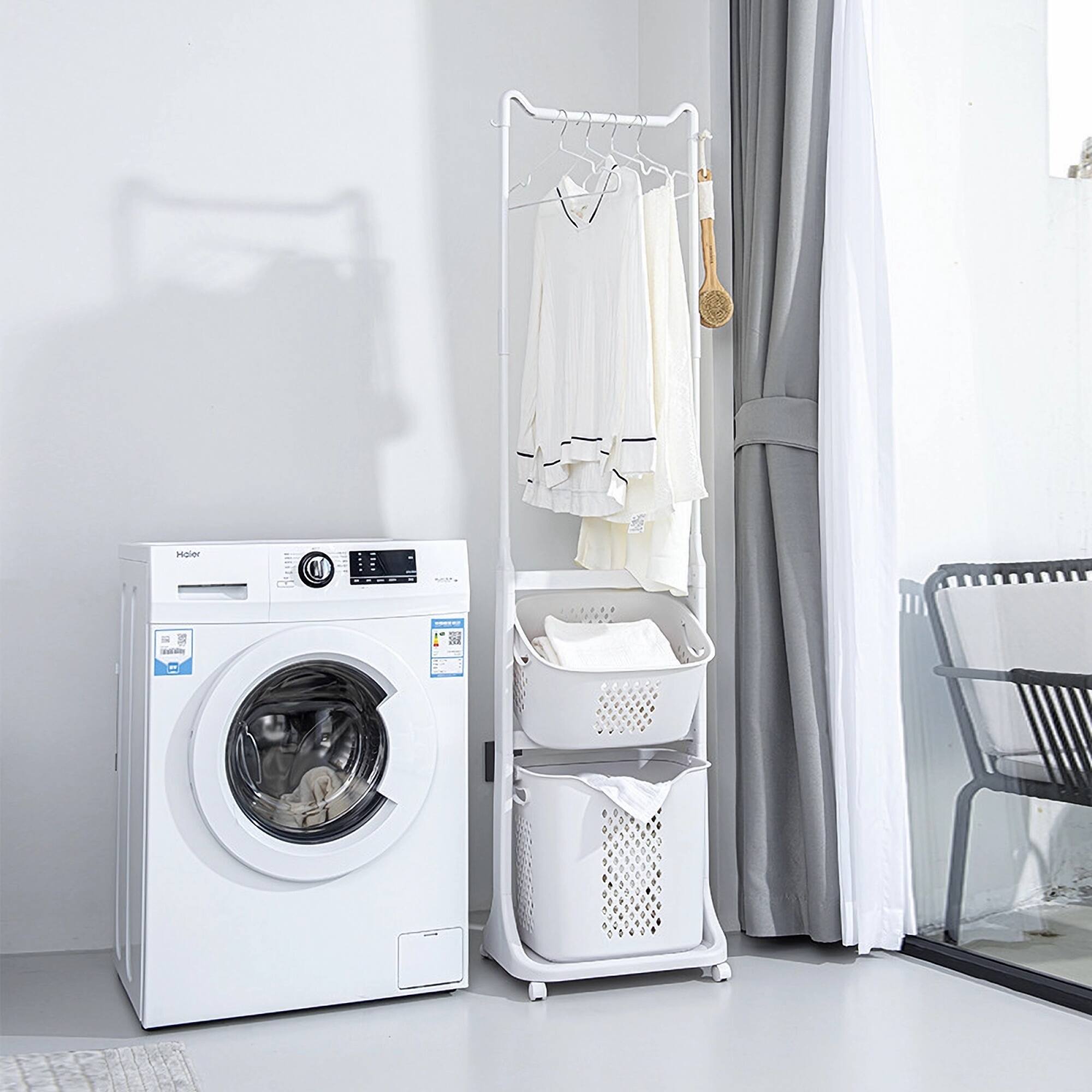 Alt View 2. ELEMENT ACE - 2-Tier Laundry Hamper Sorter with Hanging Bar and Rolling Wheels for Efficient Clothes Organization - White.