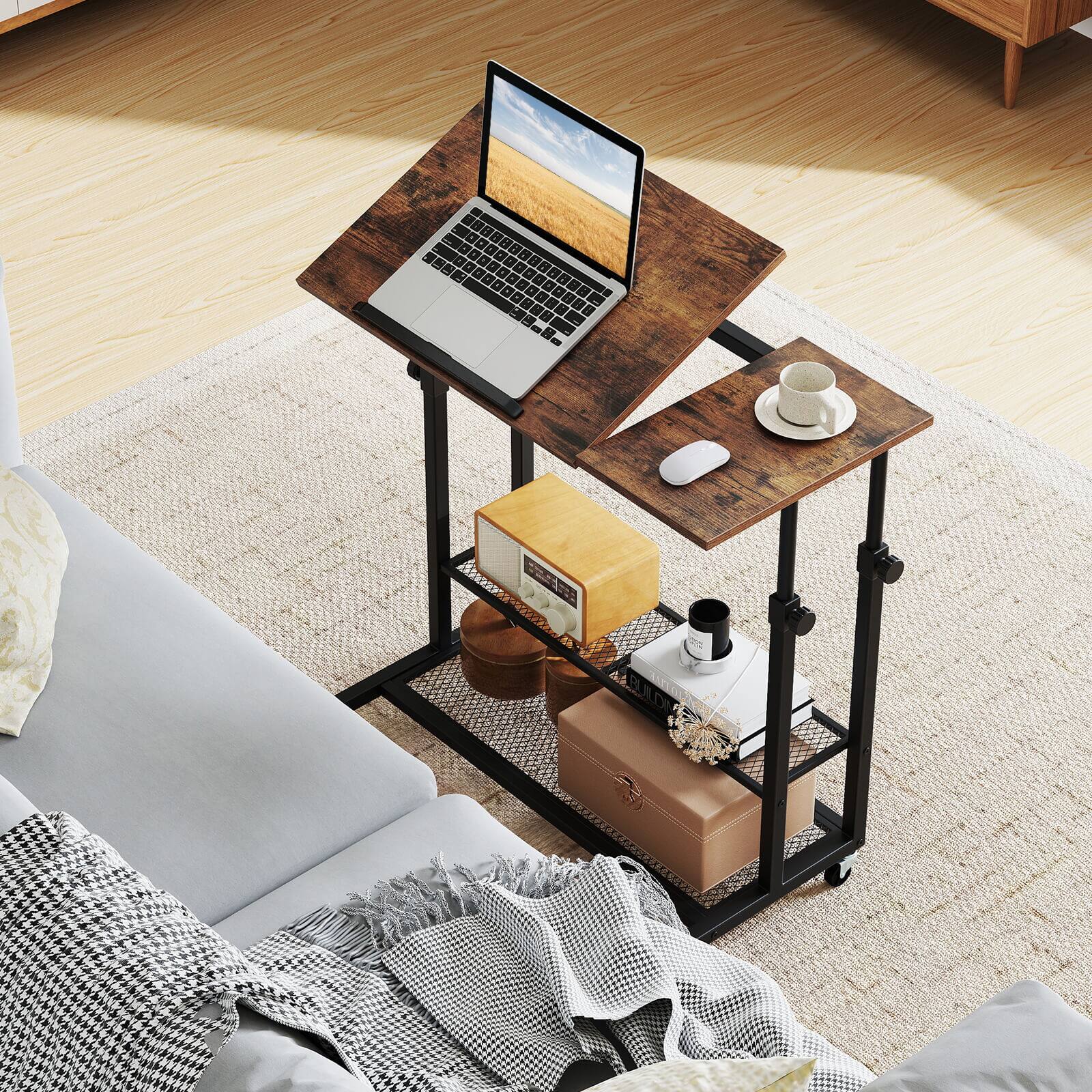 Alt View 1. Costway - Costway Mobile Stand up Desk with Tilting Tabletop Storage Shelves Wheels for Living Room Brown - Rustic Brown & Black.