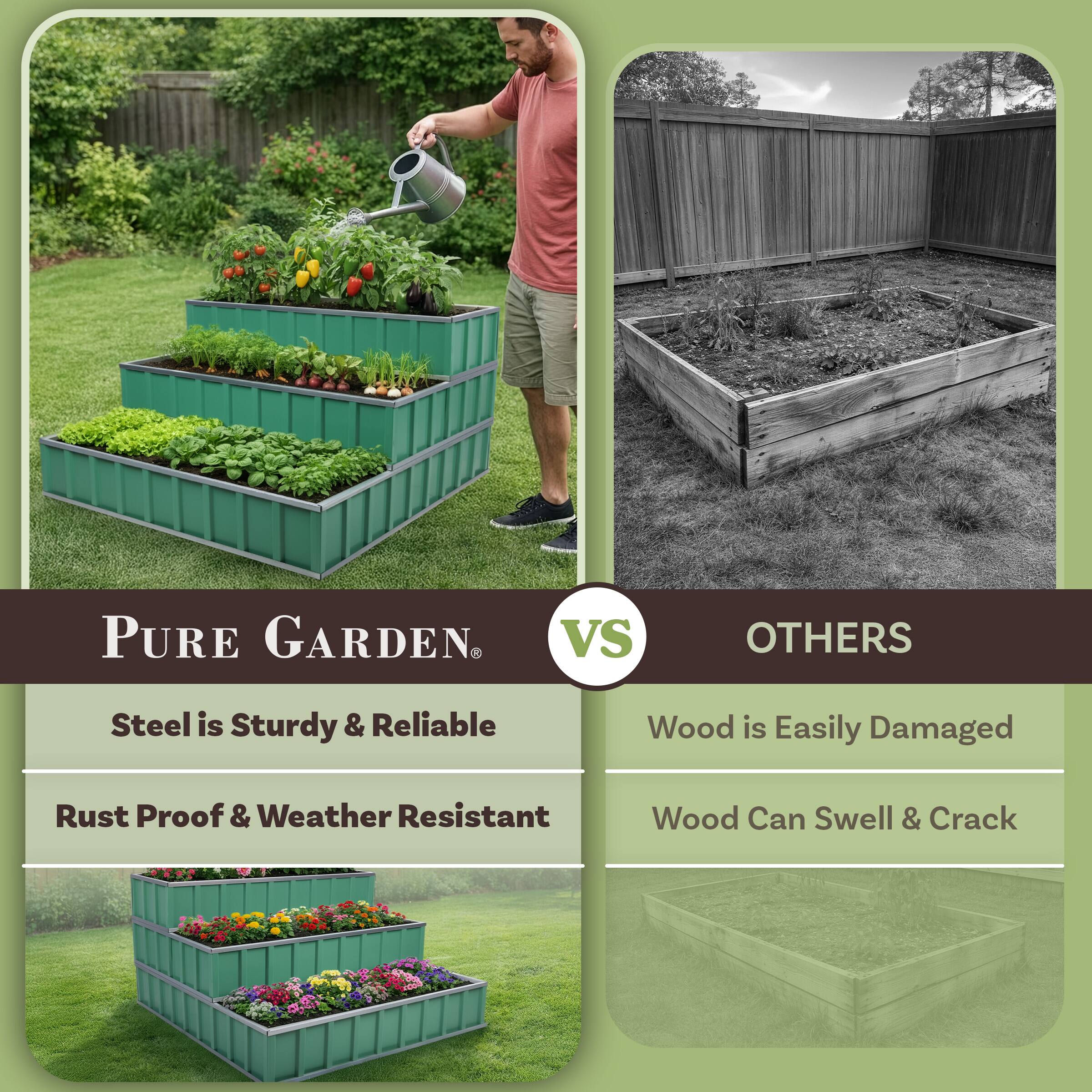 PURE GARDEN VS OTHERS

Steel is Sturdy & Reliable  
Rust Proof & Weather Resistant

Wood is Easily Damaged  
Wood Can Swell & Crack