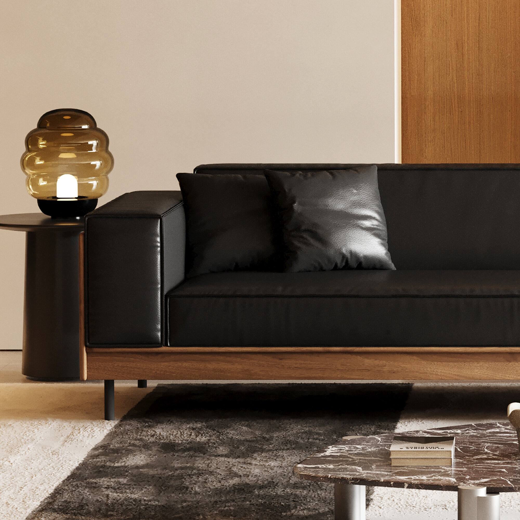 Left. luck idea - 106.3" Modern Leather Sofa Couch with Solid Wood Frame, Metal Legs and 3 Accent Pillows - Black.