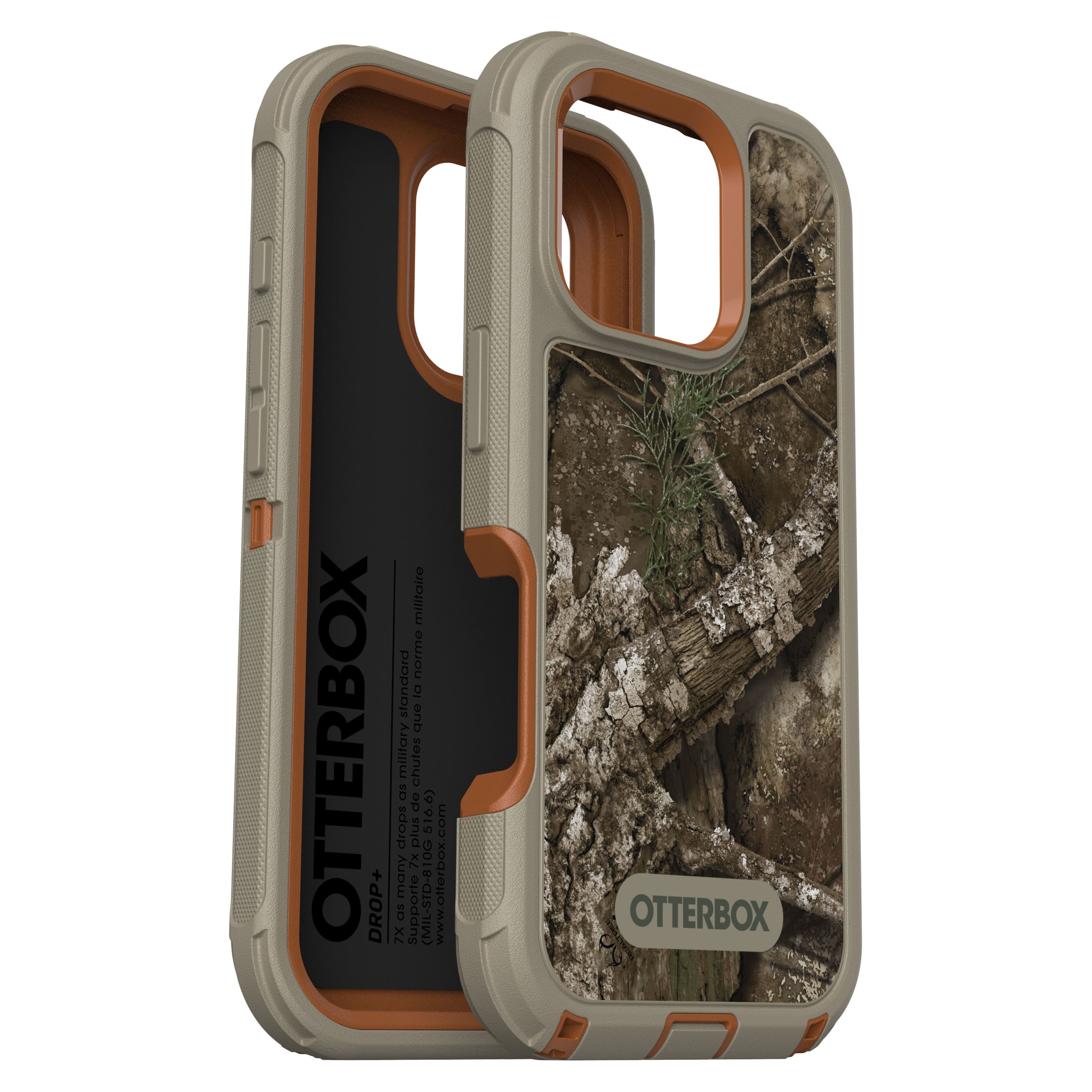 The text on the image reads "OTTERBOX DROP+ military standard 10 feet (9919 drops plus) 7x as many (MIL-STD-810G) www.otterbox.com". This suggests that the case is designed to meet military standards for durability and protection, withstanding 10 feet of drop testing. The case is also advertised as being 7 times stronger than the standard, providing extra protection for the phone.