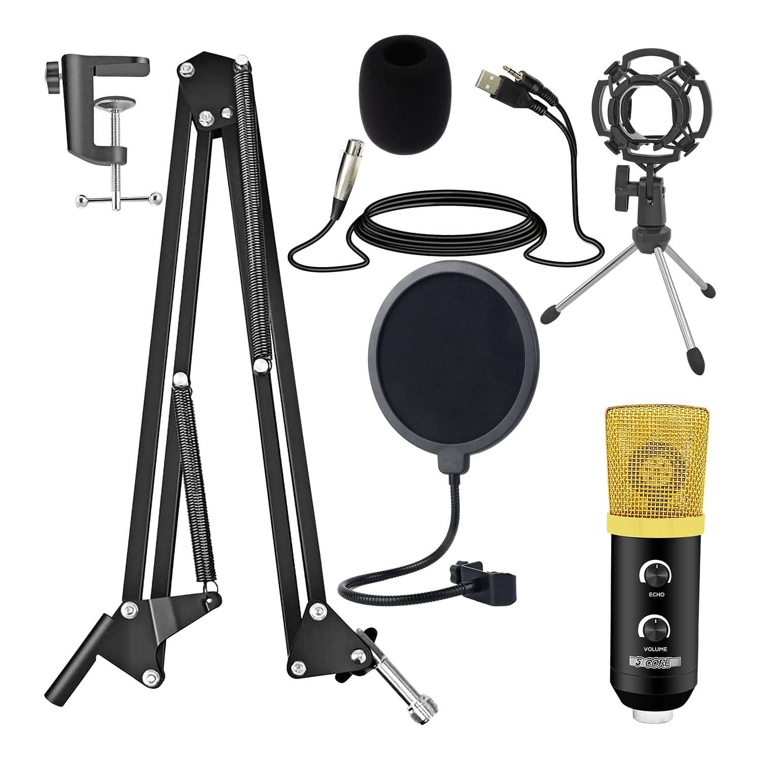 5 CORE - Recording Microphone Podcast Bundle Professional Condenser Cardioid Mic Kit w Boom Arm-RM 7 BG