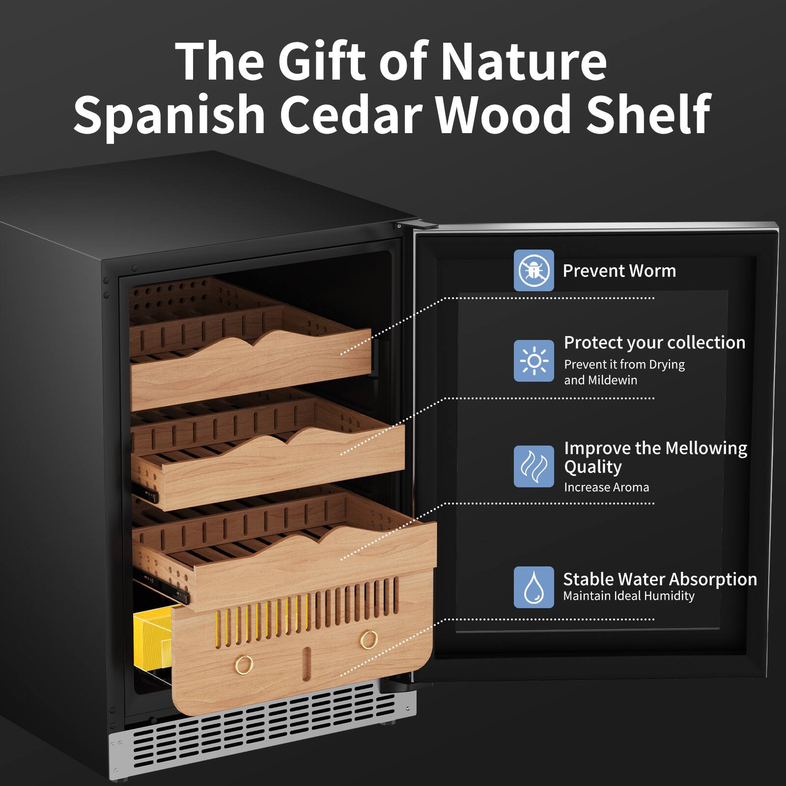 The Gift of Nature Spanish Cedar Wood Shelf

- Prevent Worm
- Protect your collection
  - Prevent it from Drying and Mildew
- Improve the Mellowing Quality
  - Increase Aroma
- Stable Water Absorption
  - Maintain Ideal Humidity