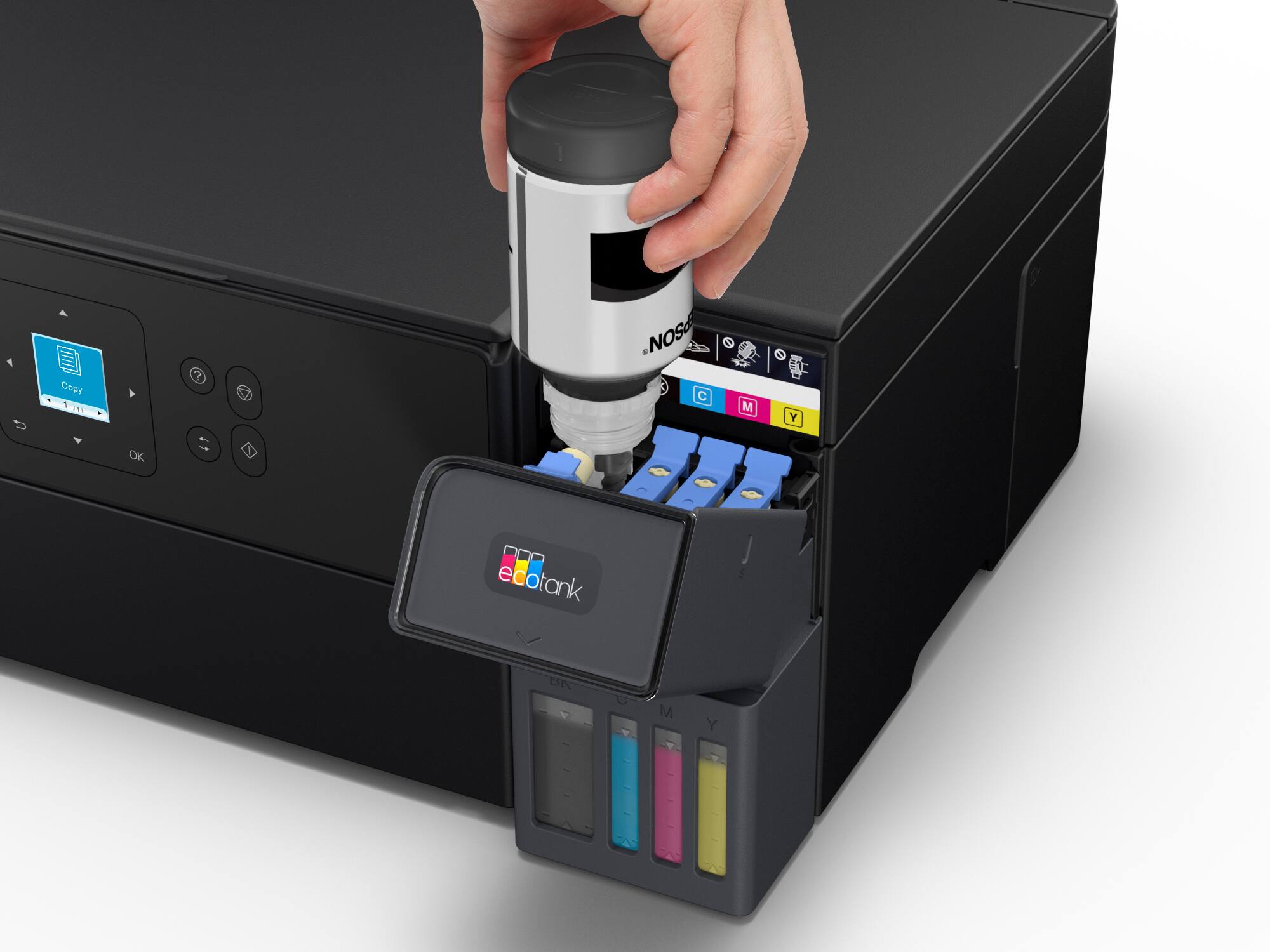 The text on the image is: "COD M NOSO C M Y OK ecotank C M Y". The corrected text would be: "COD M NOSO C M Y OK ecotank C M Y".