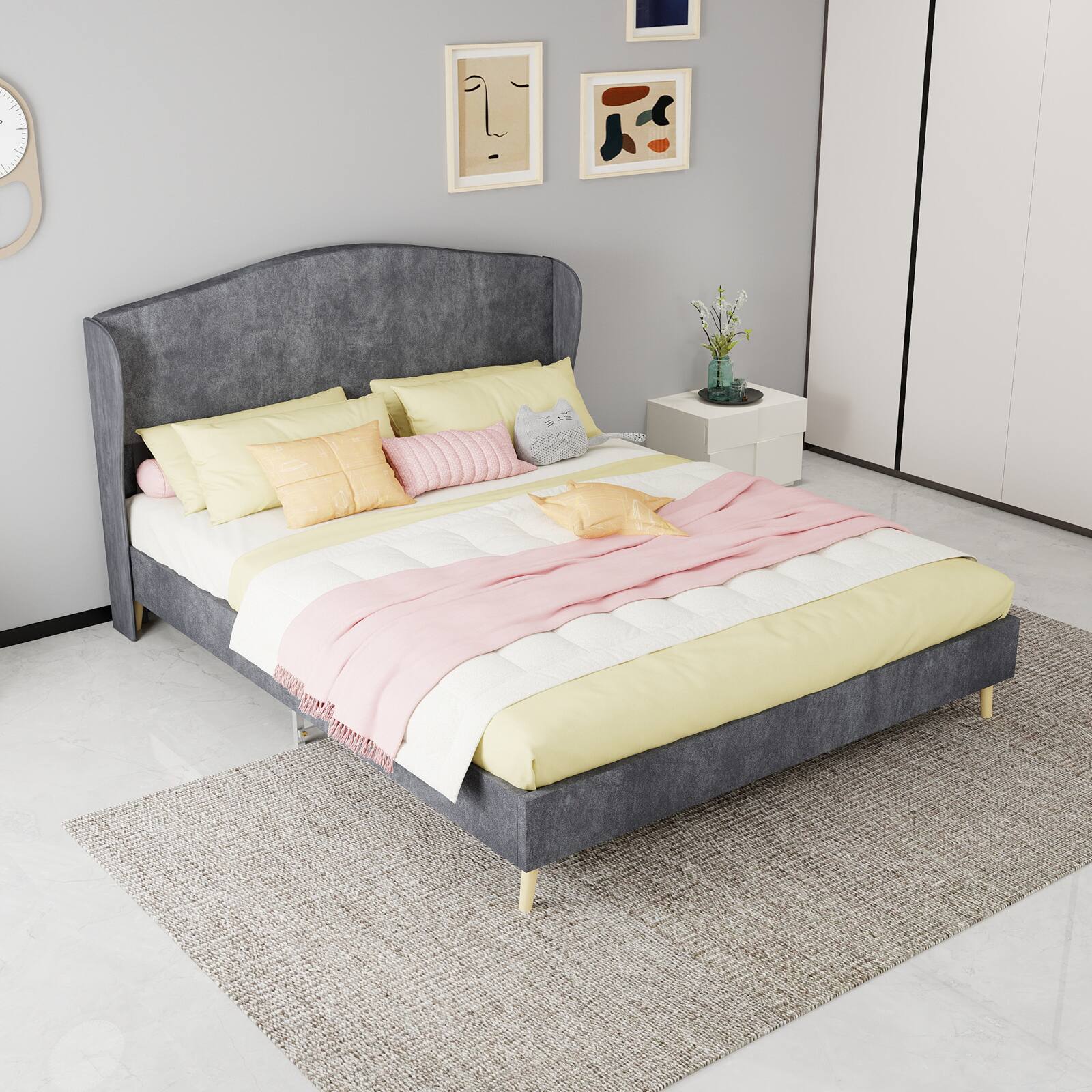Alt View 3. Loheer - Loheer Gray Velvet Queen Bed Upholstered Platform Bed Frame Luxury Master Bedroom Furniture - Grey.