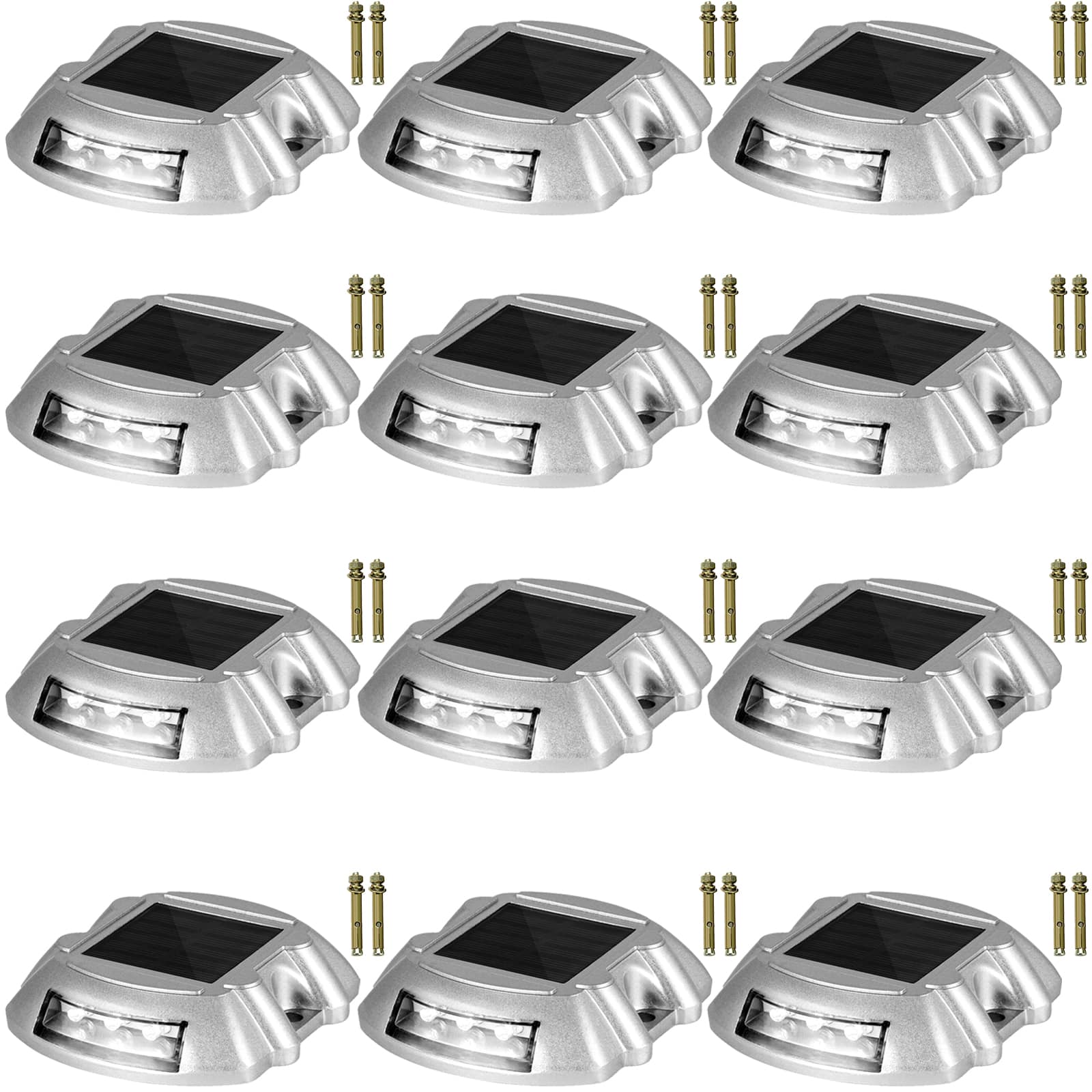 VEVOR - Solar Pathway Lights, 12-Pack, White, Includes Screws, Weatherproof Outdoor Deck Lights, 6 LED, Ideal for Garden Paths - Silver