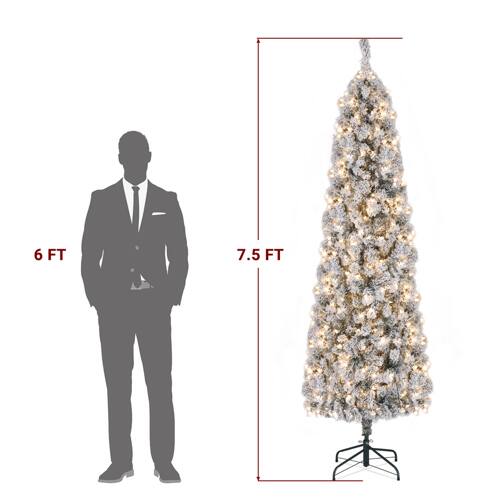 Alt View 2. Winado - 7.5FT Pre-lit Pencil Christmas Tree Snow Flocked Artificial with Lights, Branch Tips, Base for Indoor Holiday Decoration - Green.
