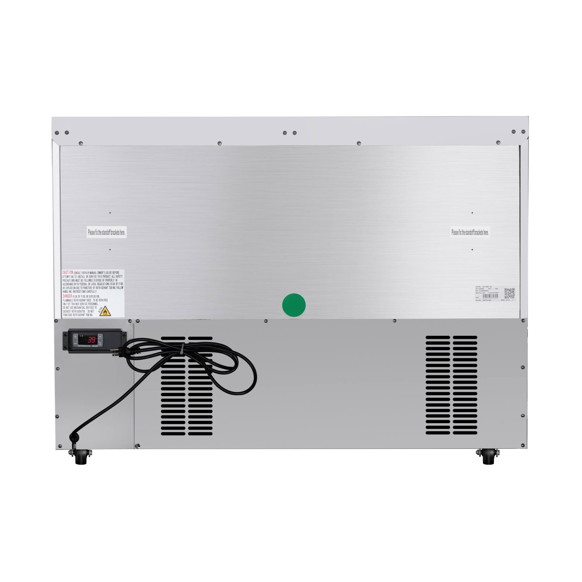 The image shows a large metal box with a green button on the front. The box appears to be a refrigerator or freezer, as it is described as a "freezer box" and "freezer machine." The box is made of metal and has a stainless steel appearance. The green button on the front is likely a control or indicator for the appliance.