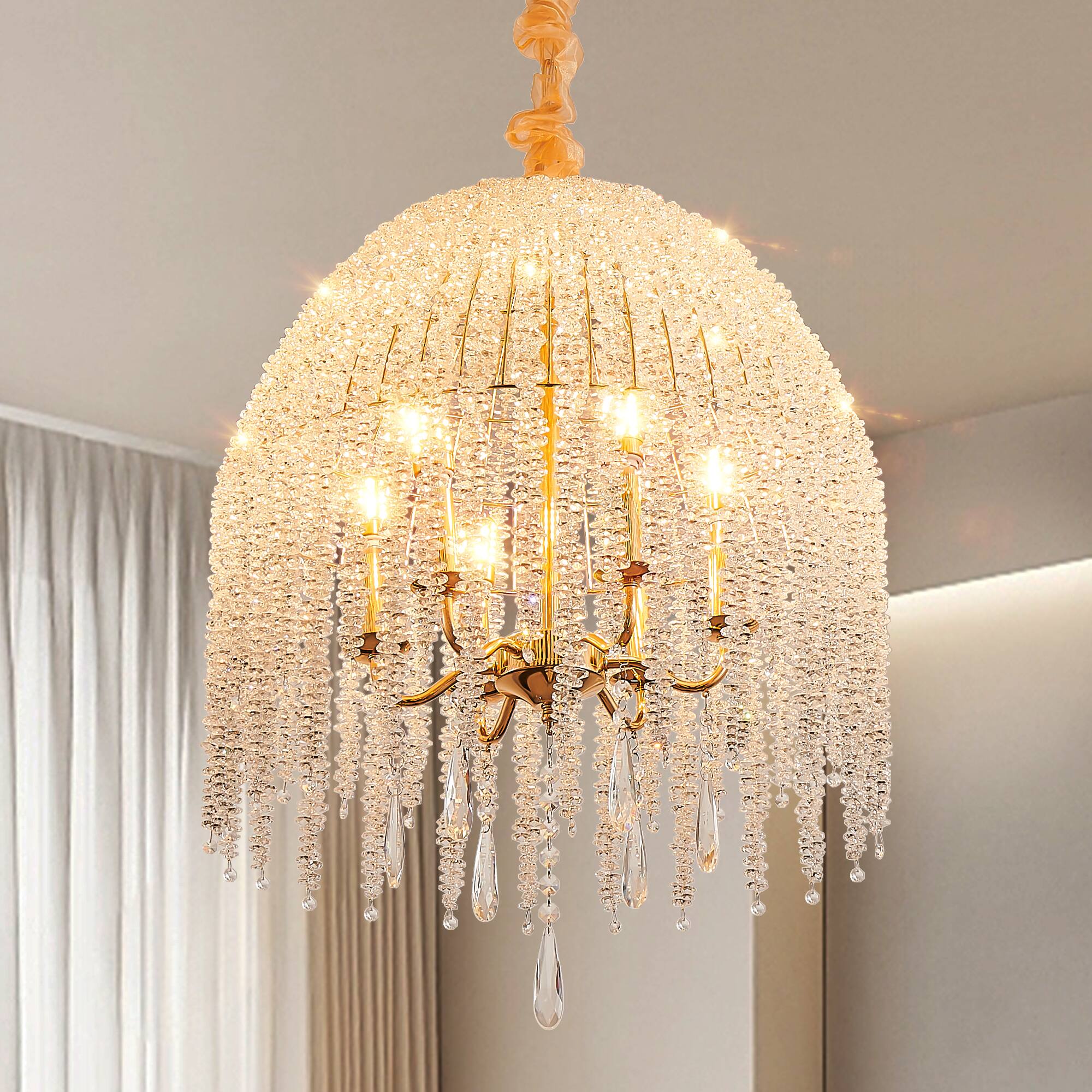 Back. Tiramisubest - 20 Inch 6-Light K9 Crystal Chandelier,Elegant Waterfall Design with Cascading Crystal Bead Strings,Gold Finish(No Bulbs) - Gold.
