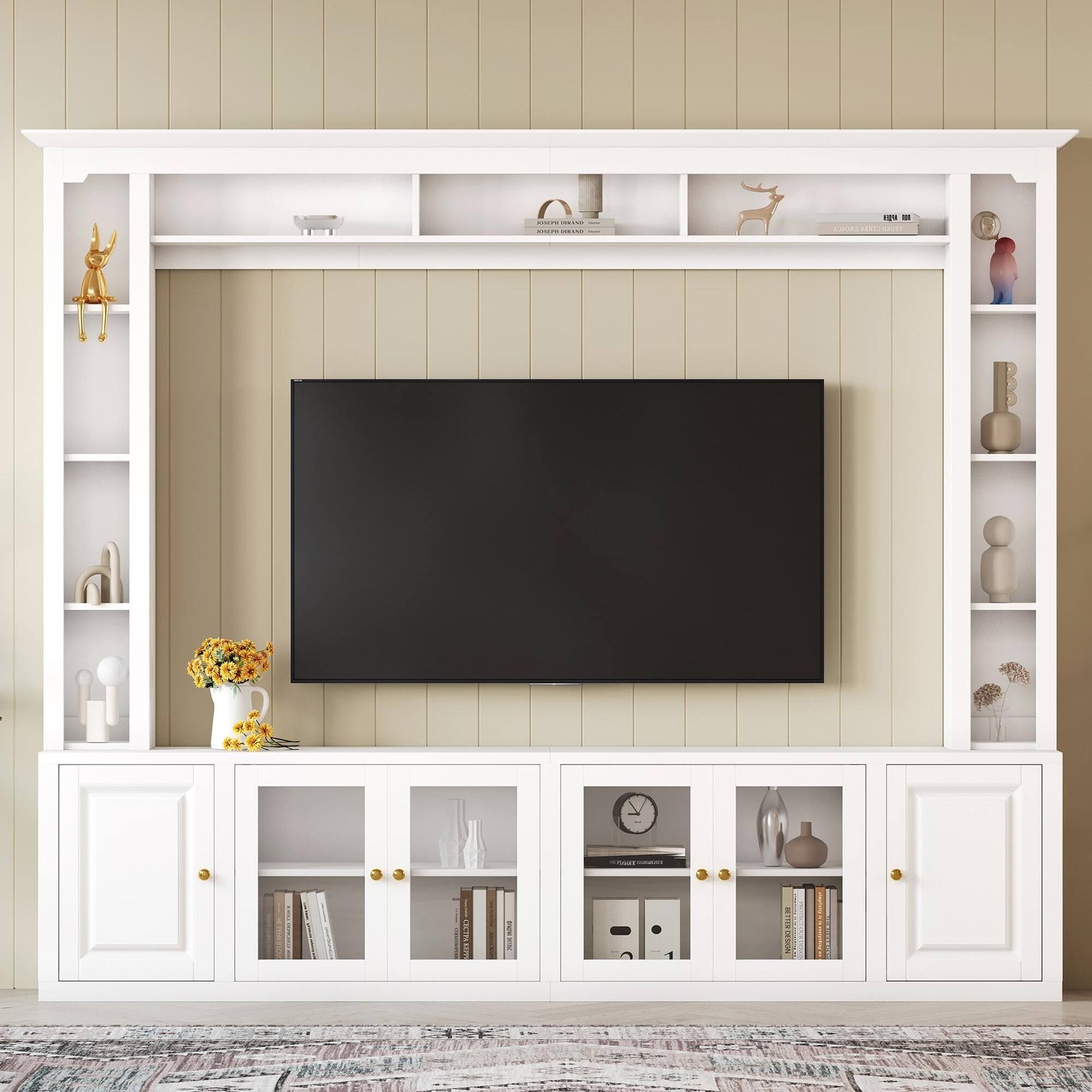 Angle. APRILSOUL - 4-Piece Modern Entertainment Center Wall Unit with Bookshelves All-in-1 Large TV Stand with Tempered Glass Door White - White.