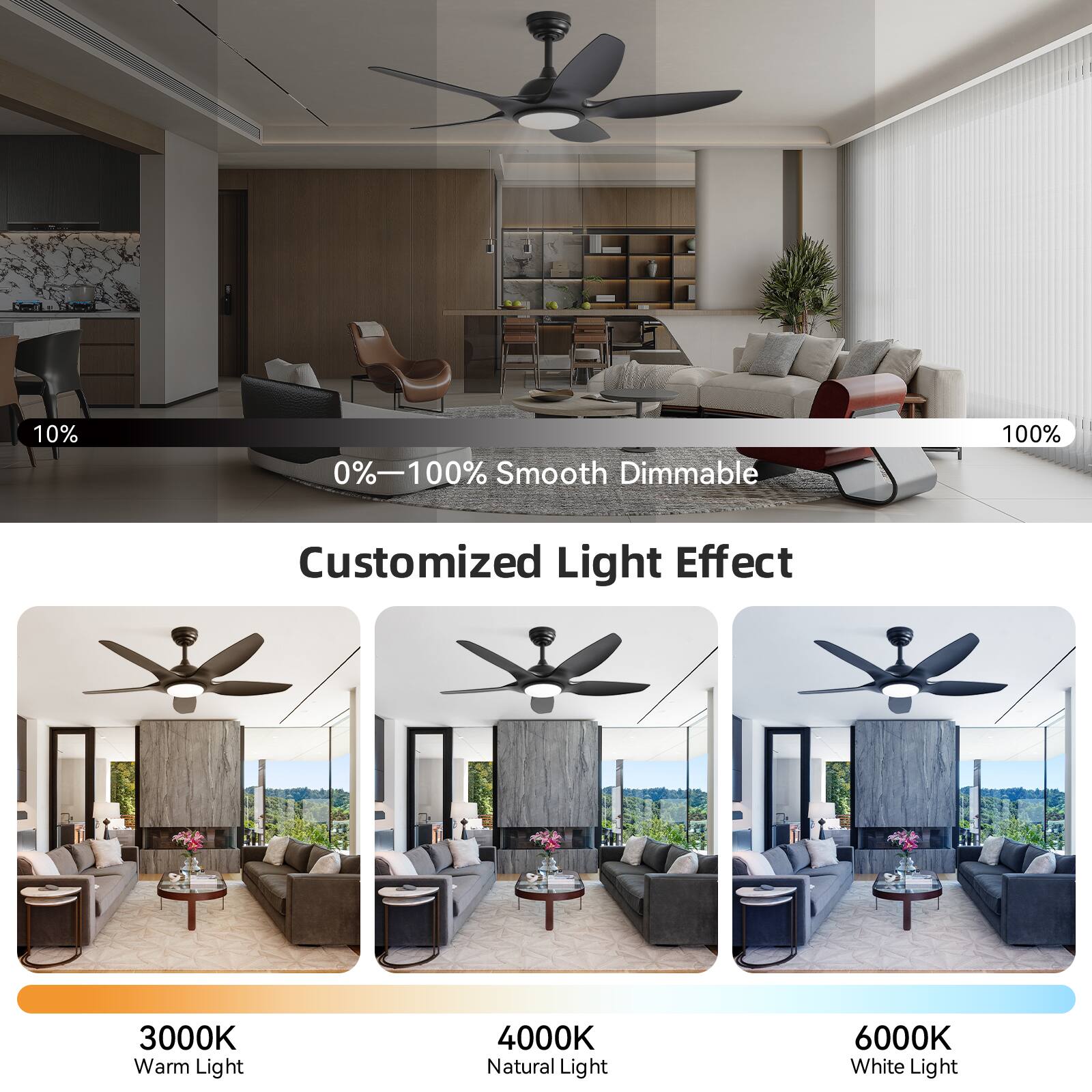 0%–100% Smooth Dimmable

Customized Light Effect

3000K Warm Light

4000K Natural Light

6000K White Light