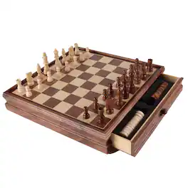 GSE Games & Sports Expert - 15" Large Wooden 2-in-1 Chess and Checkers Board Game Combo Set with Drawer, Chess Checker Game Set