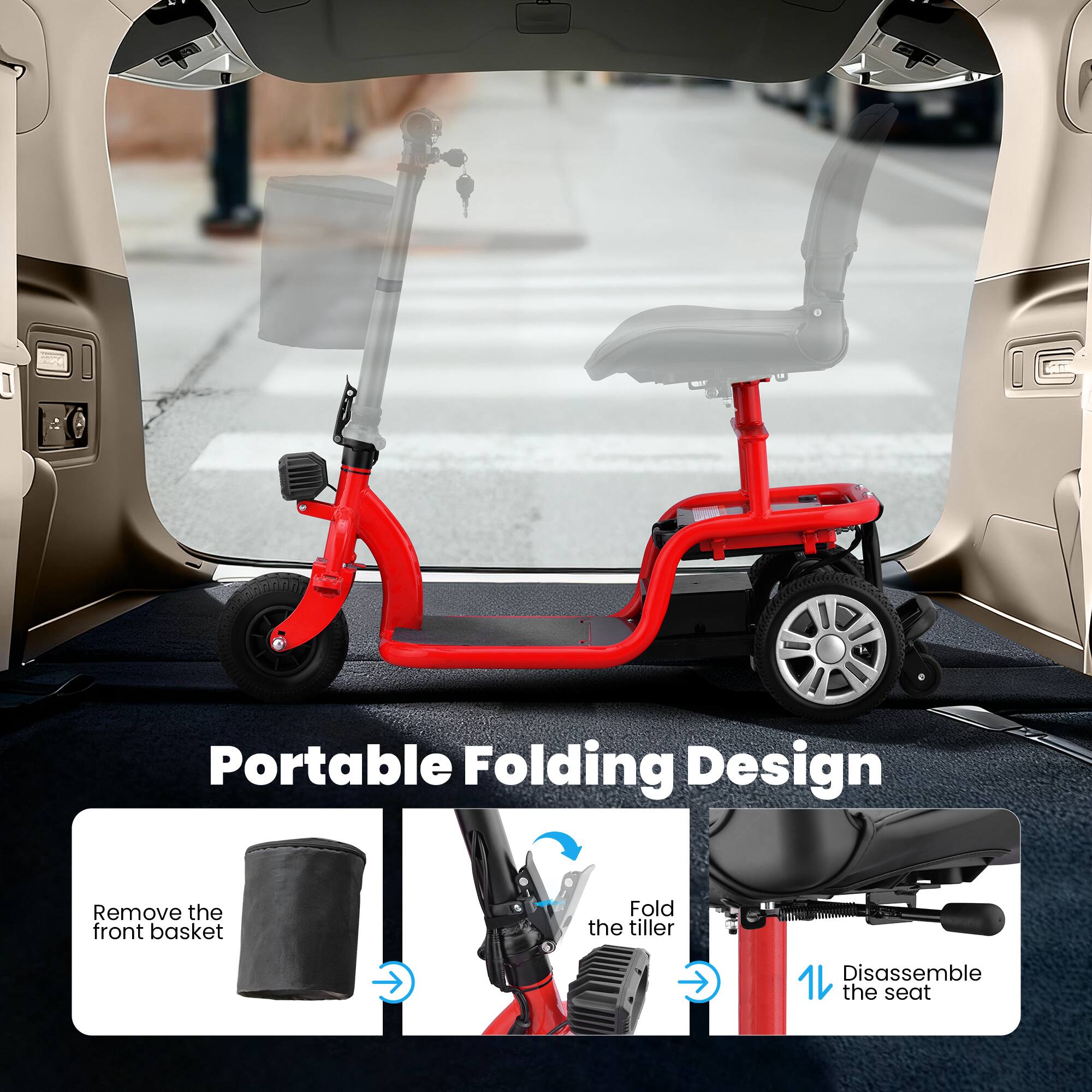 Portable Folding Design

- Remove the front basket
- Fold the tiller
- Disassemble the seat