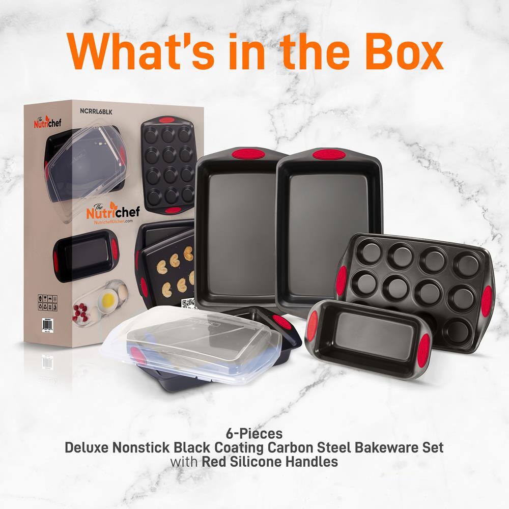 What's in the Box

Nutrichef NCRRL6BLK

6-Pieces Deluxe Nonstick Black Coating Carbon Steel Bakeware Set with Red Silicone Handles