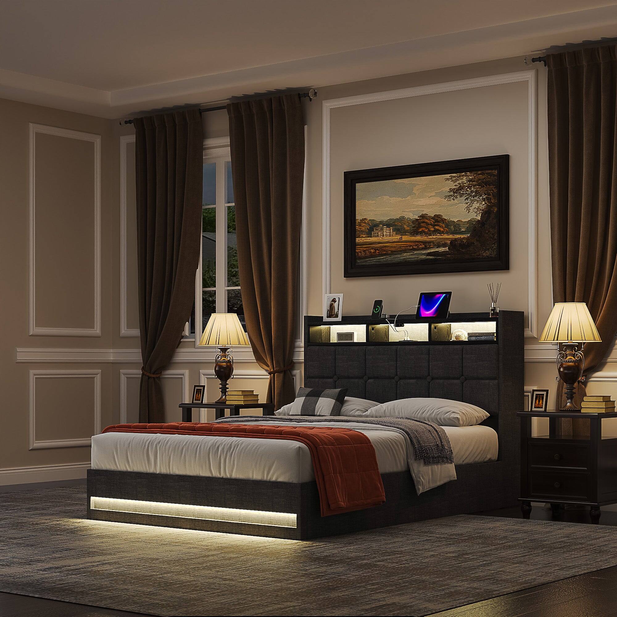 Alt View 5. Vecelo - Full Size Hydraulic Lift Up Bed Frame with Storage, Headboard Charging Station & LED Lights, Upholstered Platform Bed - Grey.