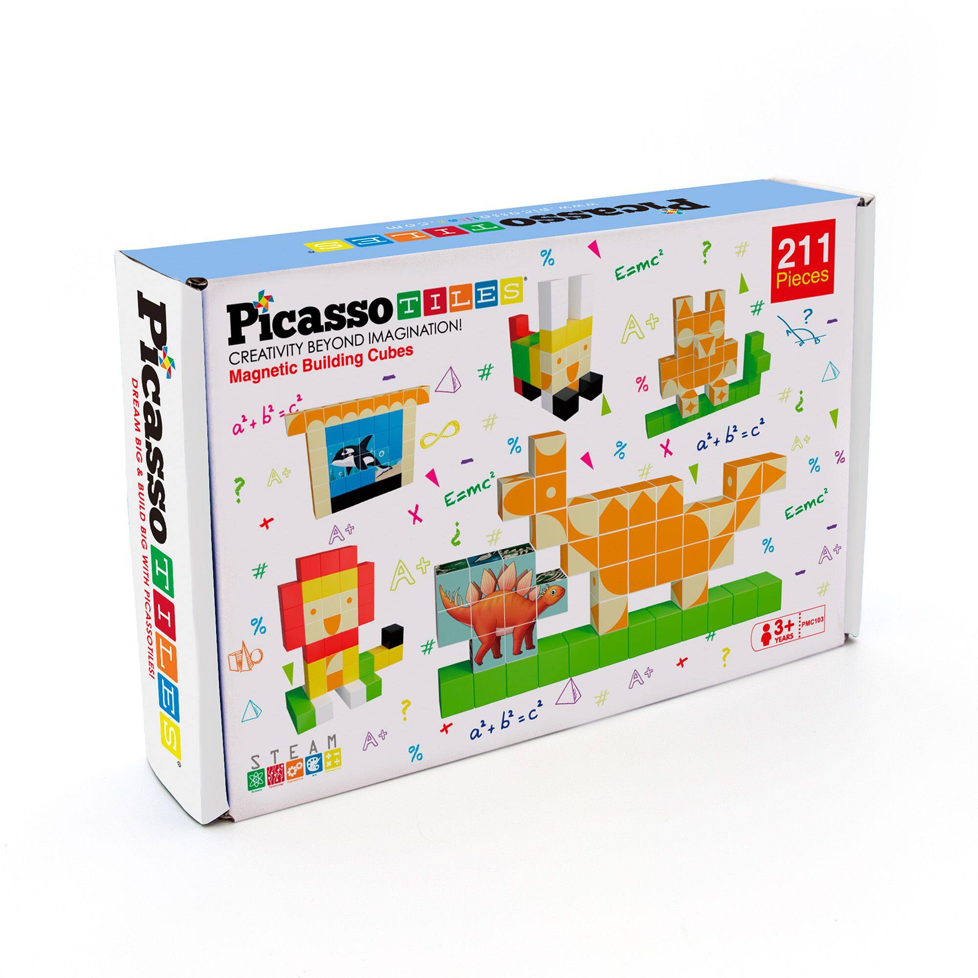 Picasso Tiles  
Creativity Beyond Imagination!  
Magnetic Building Cubes  

211 Pieces  

a² + b² = c²  

E=mc²  

STEAM  

3+ Years