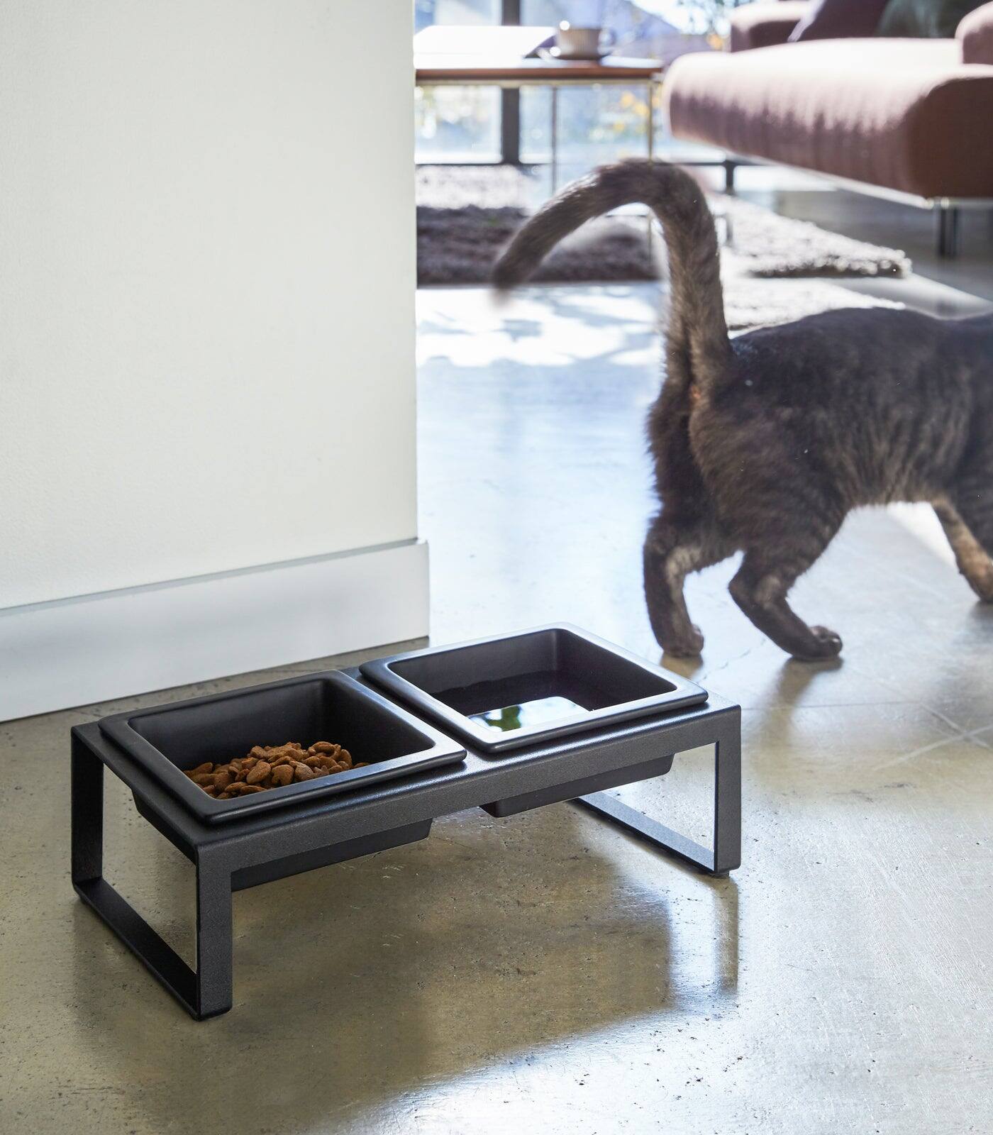 Angle. Yamazaki Home - Pet Food Bowl - Tall - Steel + Ceramic - Black.