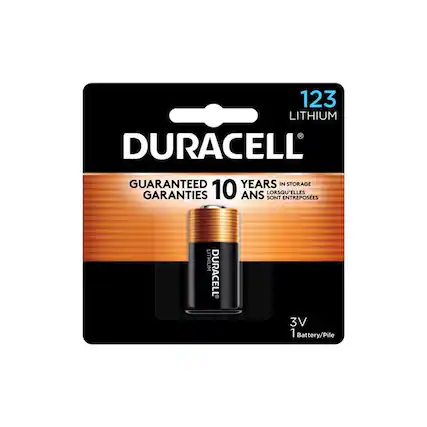 123 LITHIUM DURACELL
GUARANTEED 10 YEARS IN STORAGE
GARANTIES 10 ANS LORSQU'ELLES SONT ENTREPOSÉES
3V
1 Battery/Pile