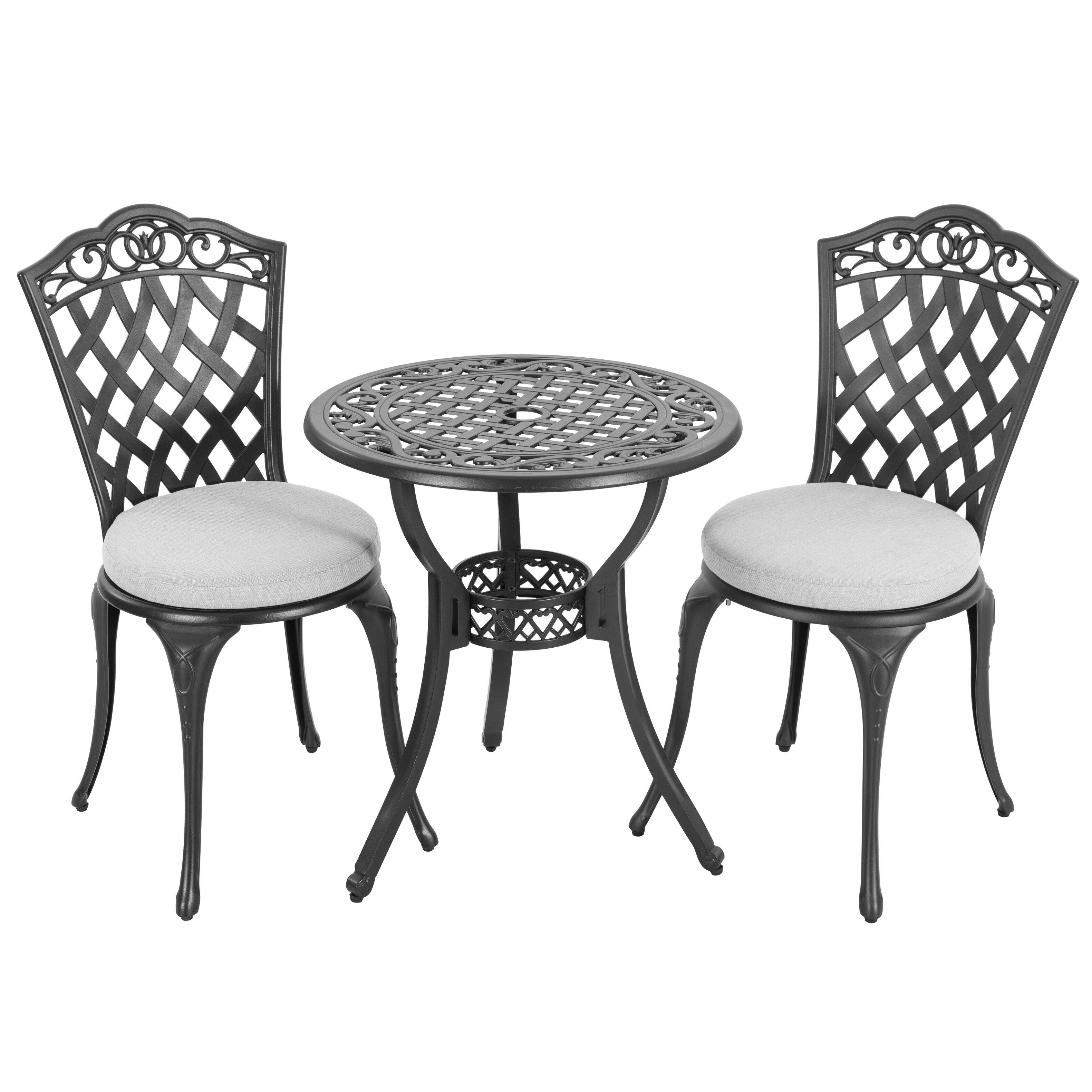 Alt View 6. Nuu Garden - Patio 3-Piece Cast Aluminum Bistro Set with Cushions, Umbrella Hole - Black and Gray.
