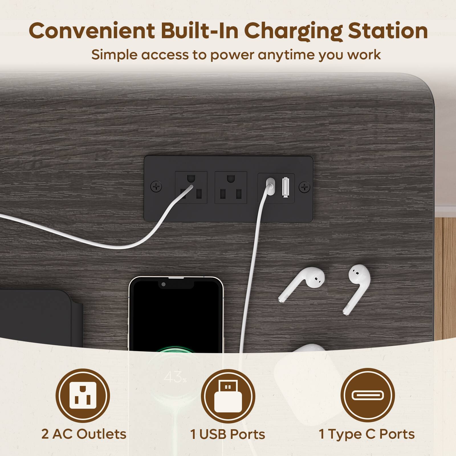 Convenient Built-In Charging Station  
Simple access to power anytime you work  

2 AC Outlets  
1 USB Ports  
1 Type C Ports