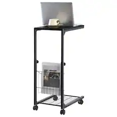 Front. Oumilen - Adjustable Height Rolling Side Table with Storage Basket & Mesh Shelf - Black.